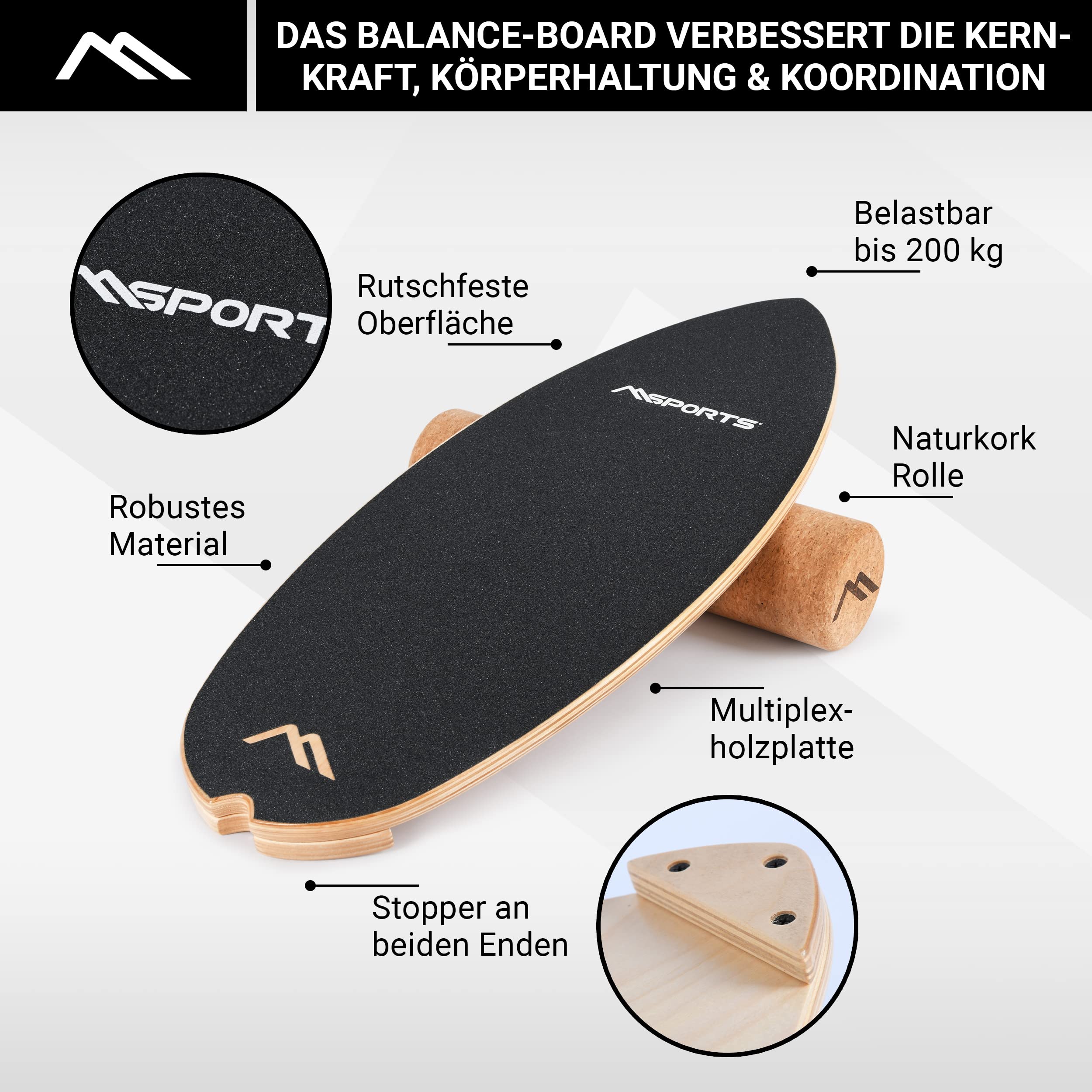 MSPORTS Balance Board aus Holz – Surf Balance Trainer für Gleichgewicht, Core-Training & Physiotherapie – Rutschfeste Oberfläche, Robust & Langlebig – Fitnessboard für Erwachsene & Kinder