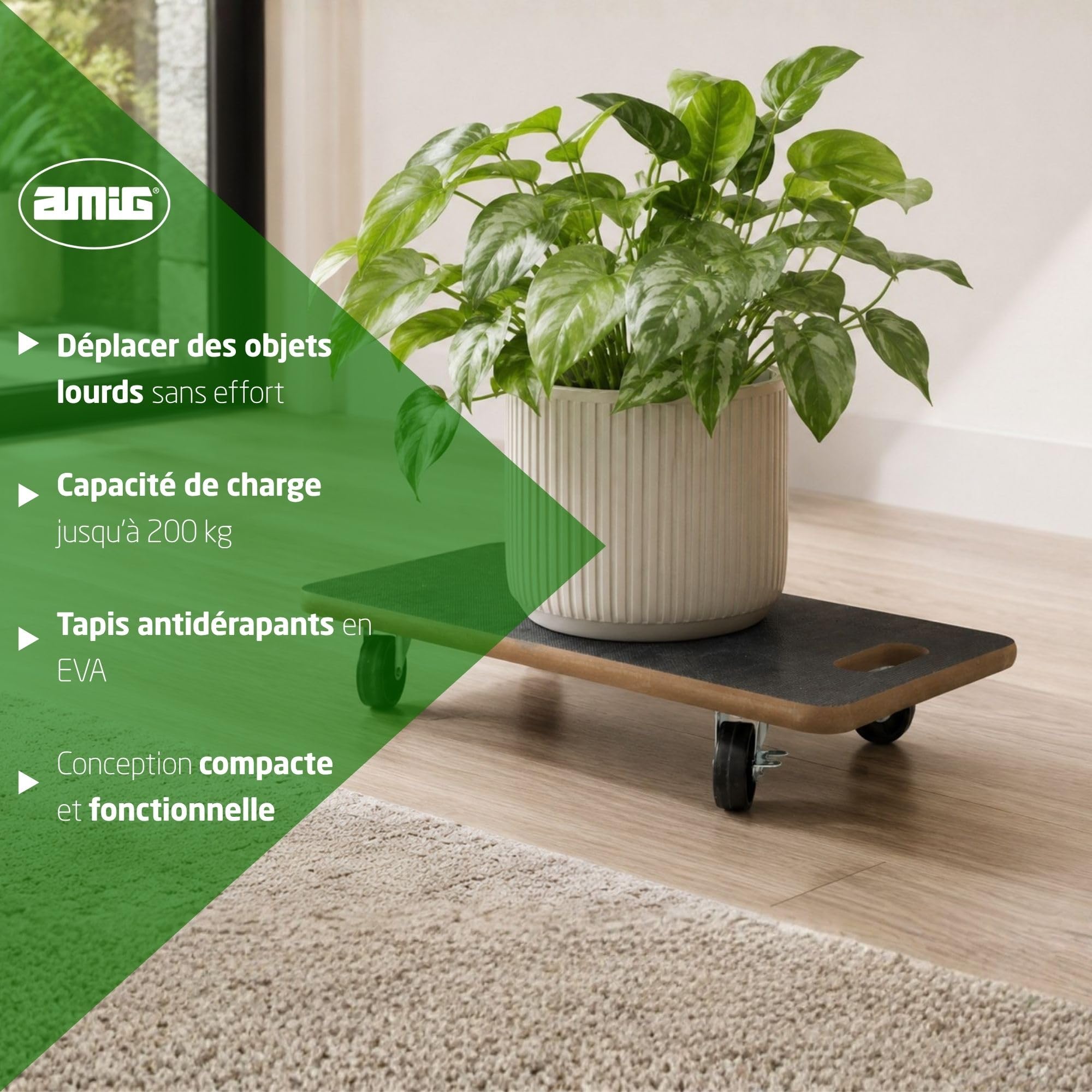 Amig - Plateforme de Charge avec Roues | Support Roulant Rectangulaire | 4 Tapis antidérapants | 58 x 29 cm | Charge Max.: 200 kg | 4 Roues: 2 avec Frein | MDF | Certifié FSC | Noir