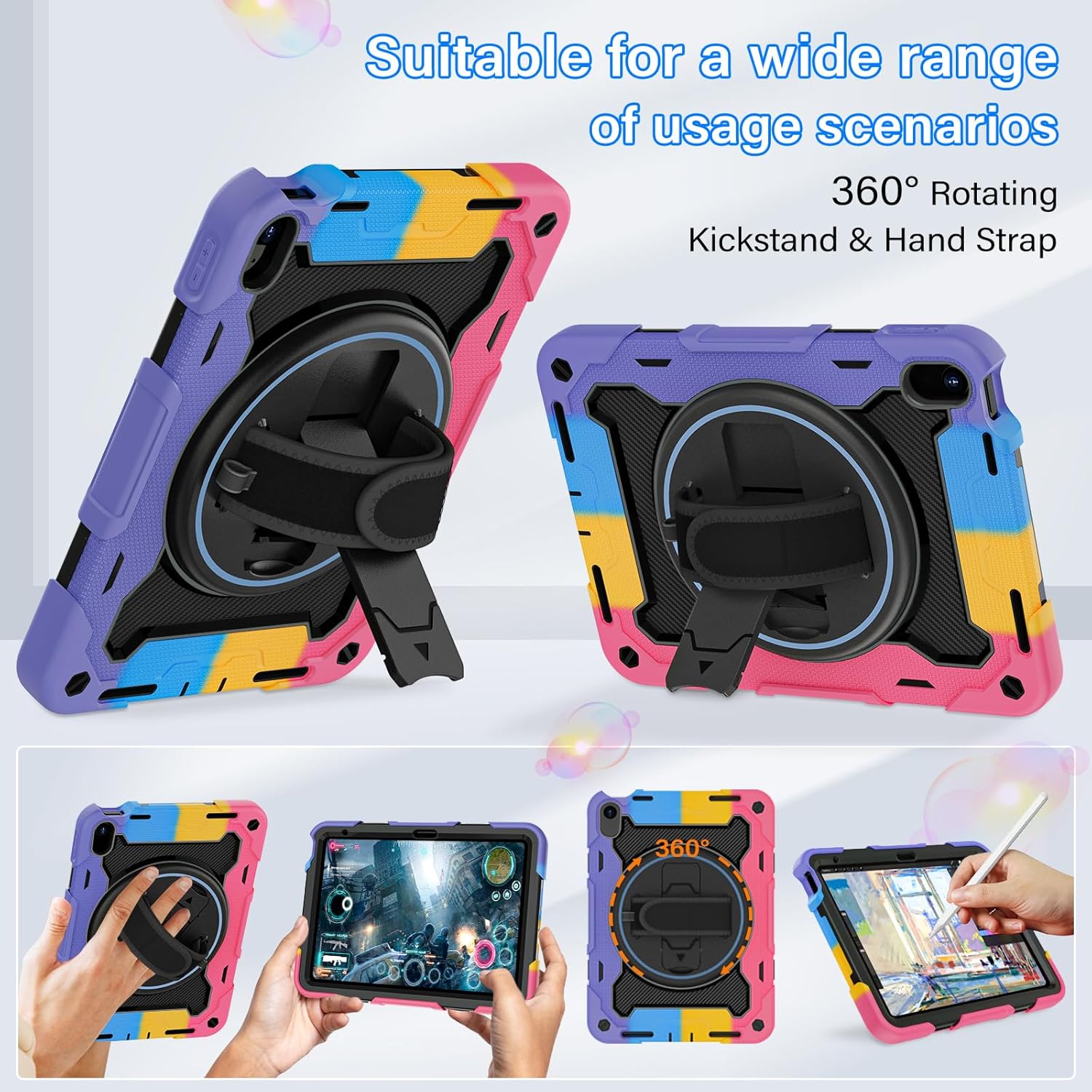 Case for iPad 11 Inch A16 11th Generation 2025, iPad 10th Generation Case 10.9" for Kids with Screen Protector, 360 Kickstand Hand Strap, Shoulder Strap, Heavy Duty Shockproof Drop Protection