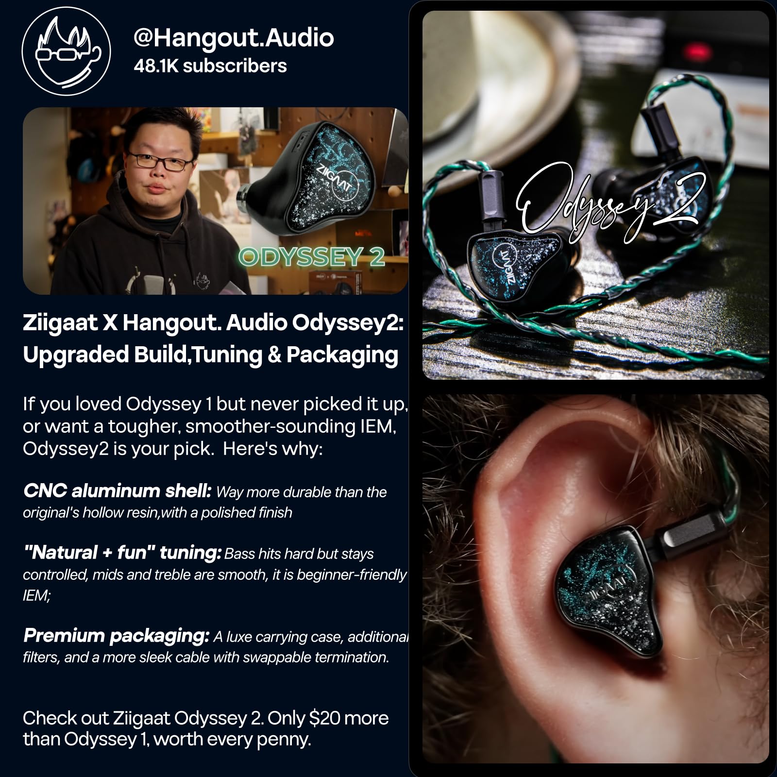 Linsoul ZiiGaat x Hangout. Audio : Odyssey 2 Moniteur Intra-auriculaire,1DD + 3BA Hybrid HiFi écouteurs filaires,Neutre avec réglage des Basses,avec câble OCC pour Les Musiciens et Les ingénieurs