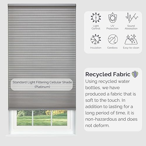 Miniatura 5 de Linen Avenue Persiana celular inalámbrica con filtro de luz de 22 pulgadas de ancho x 48 pulgadas de alto, platino (llega 14 pulgadas más estrecho)