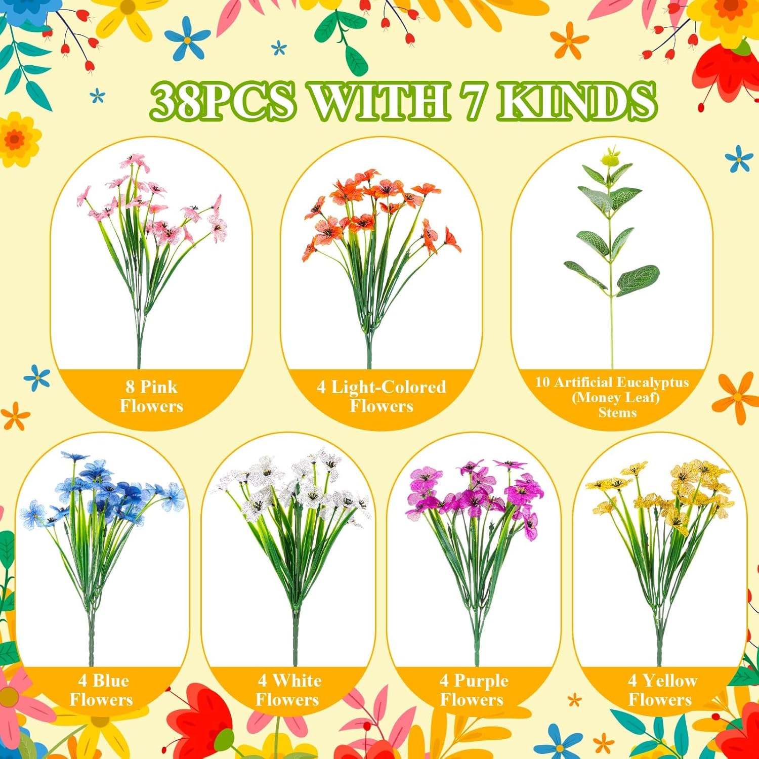 Thiccywoov 38 Bundles Artificial Flowers for Outdoor Decorations, UV Resistant No Fade Fake Pansies & Eucalyptus Leaves Bulk Faux Plastic Plants for Window Box Hanging Basket Decor(Morning Breeze)