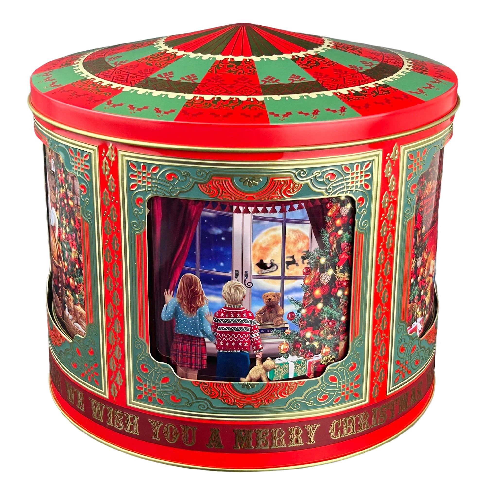 MediMuc Caja de música con diseño de carrusel de Papá Noel, lata de almacenamiento, lata para galletas, apta para alimentos, 4,8 l
