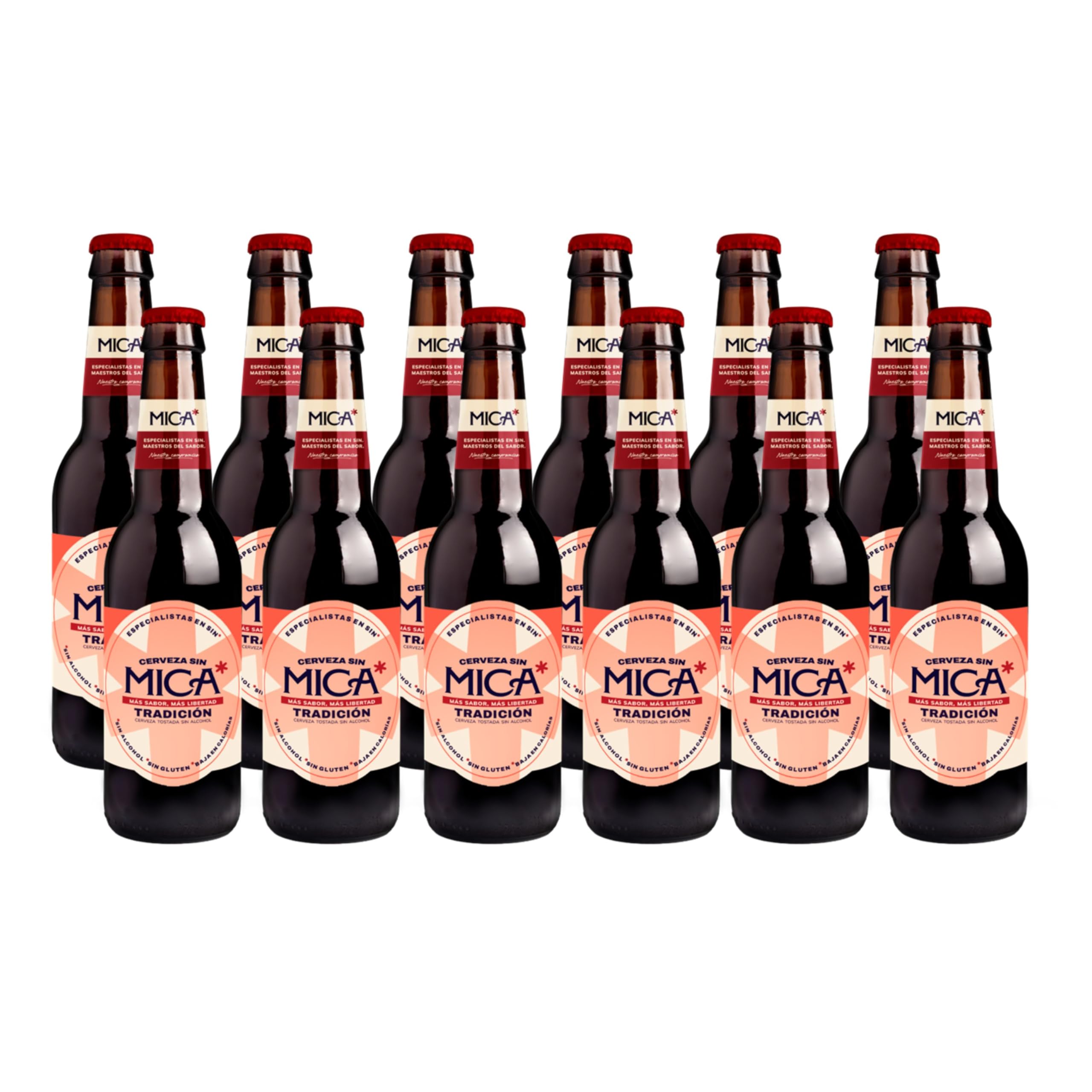 Bière MICA Tradición - Pack de 12 bouteilles de 33 cl. Bière sans alcool au goût torréfié (0,4% vol.), sans gluten, non filtrée et faible en calories.