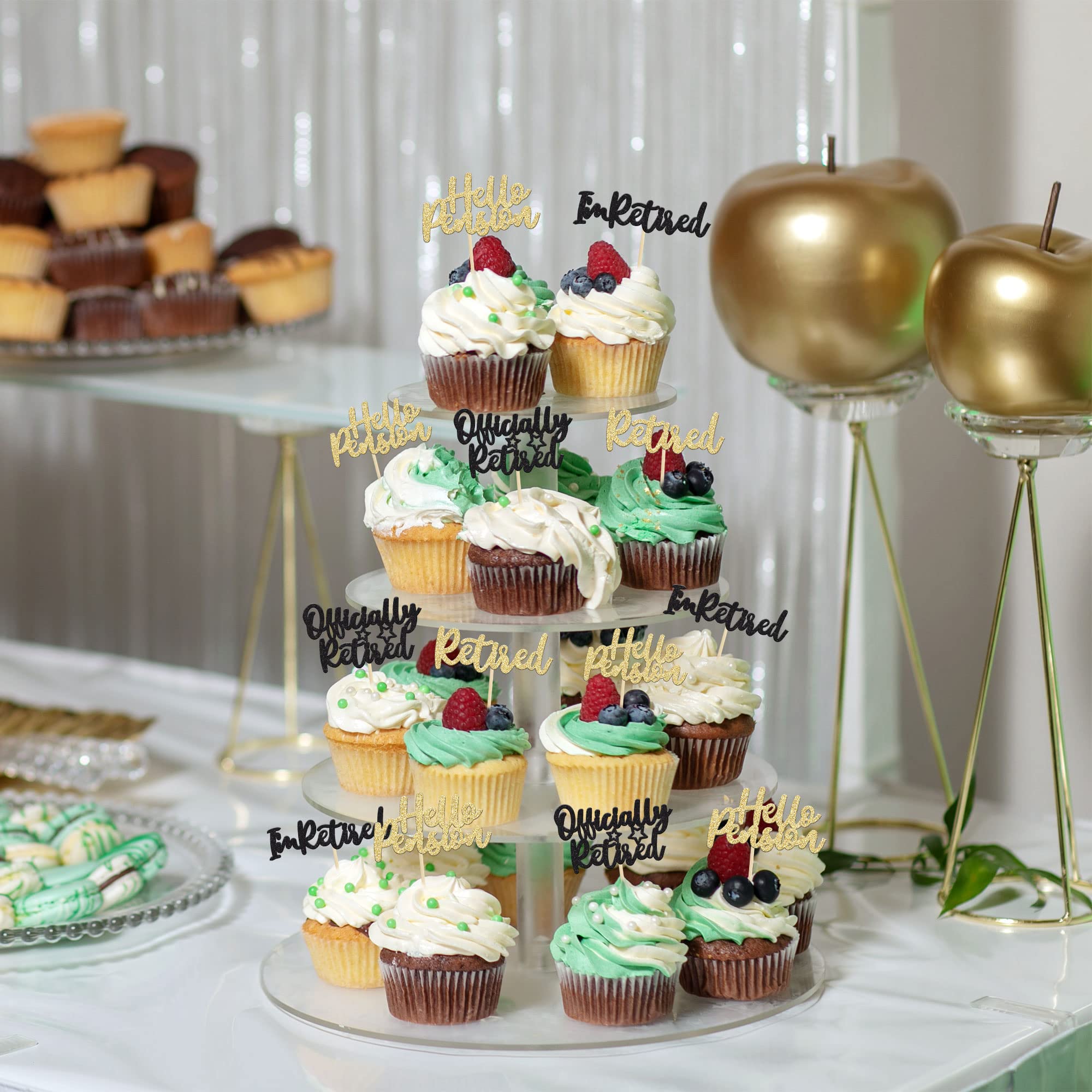 36 Stück Happy Retirement Cupcake-Topper – Schwarz-Gold Glitzer, Für Ruhestandsparty & Kuchen