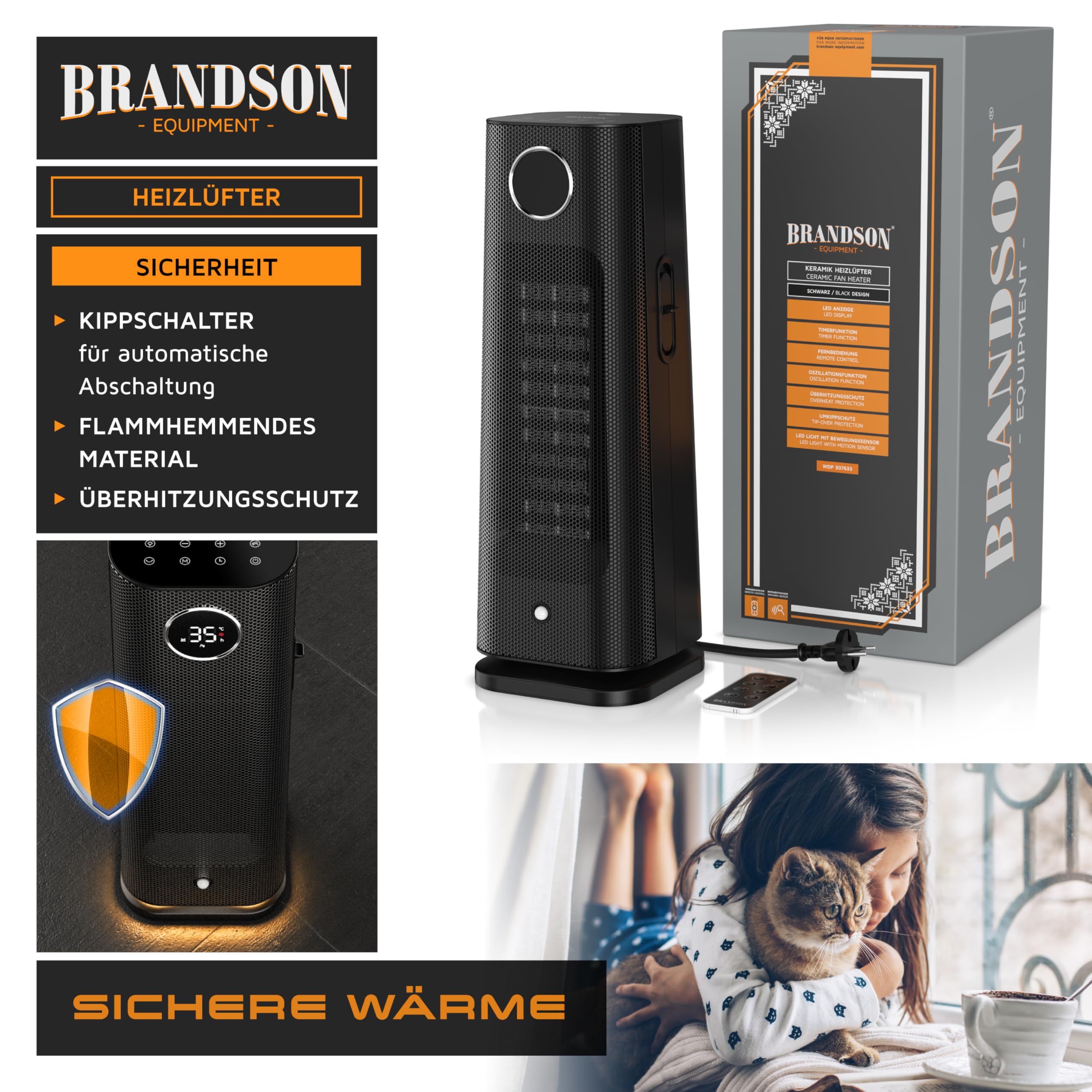 Brandson - Heizlüfter mit Fernbedienung - Preisträger - ECO Modus energiesparend leise - 2000 Watt - Oszillation - Kindersicherung - Timer - LED-Beleuchtung - Bad Wohnzimmer Büro Kinderzimmer