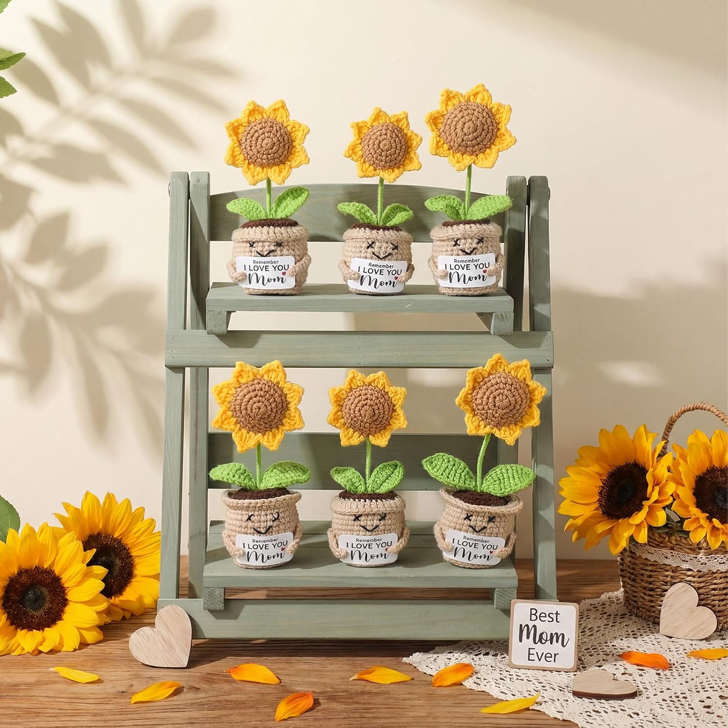 18 Pcs/6 Set Mini Sunflower Gift for Mom Mothers Day Crochet Sunflower Remember I Love You Mom Handmade Doll Crochet with Card Gifts Bags from Daughter Son for Women's Day Present Idea