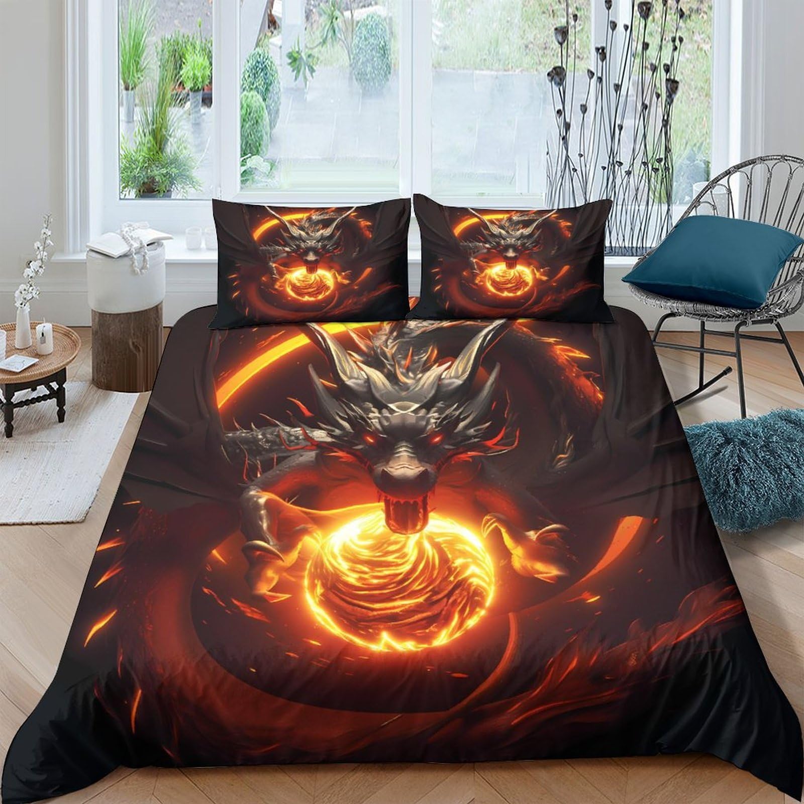 Ctjqhvkz Style-2 3D Printed Fire Dragon Fitted Sheet Microfiber Soft Black Lava Bed Cover For Bedroom Dorm Mattress Protection Decor Single（135X200cm）