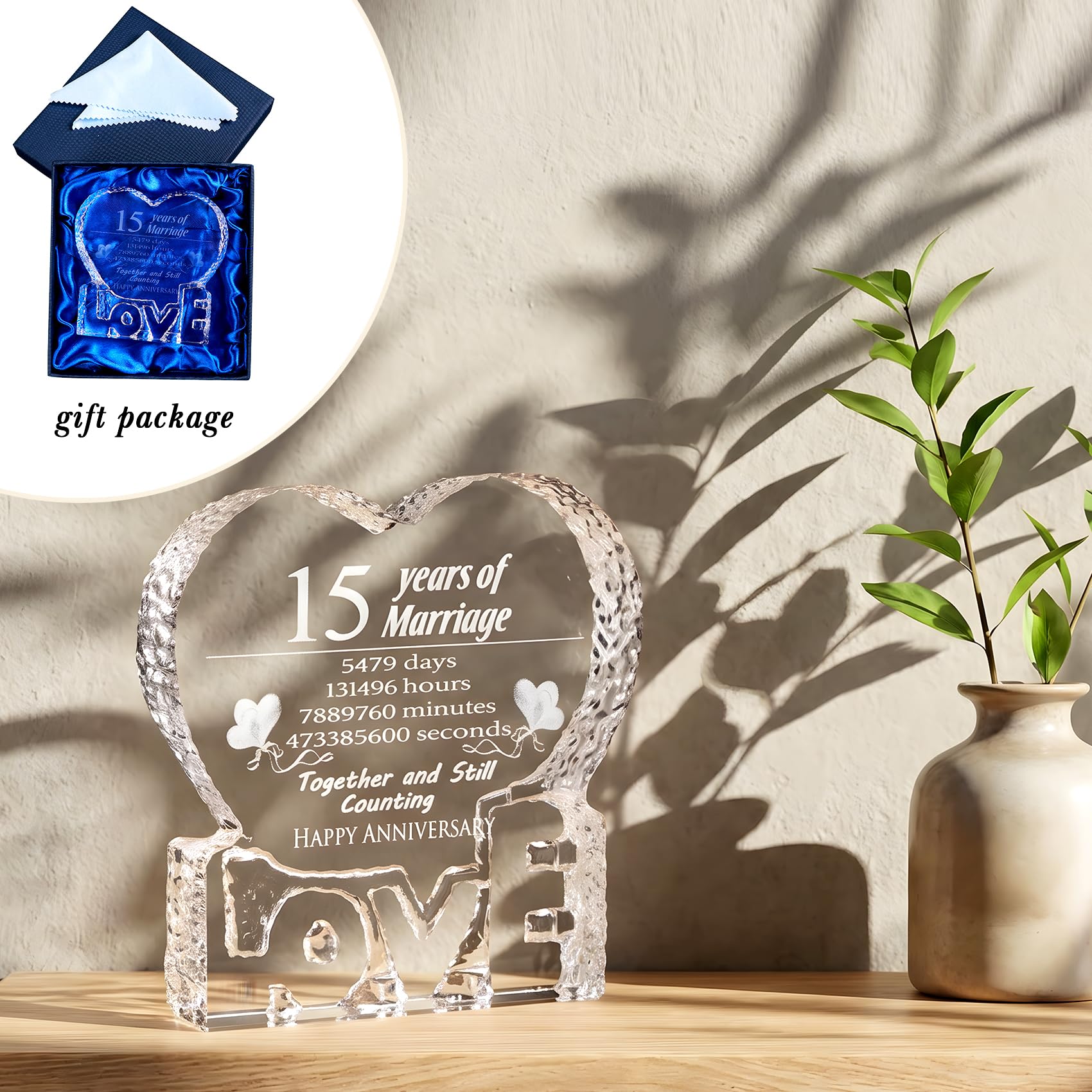 Movdyka 15 aniversario de boda, regalo de cristal para ella, esposa, él, pareja, 15 años de matrimonio, cristal, amor, corazón, pisapapeles