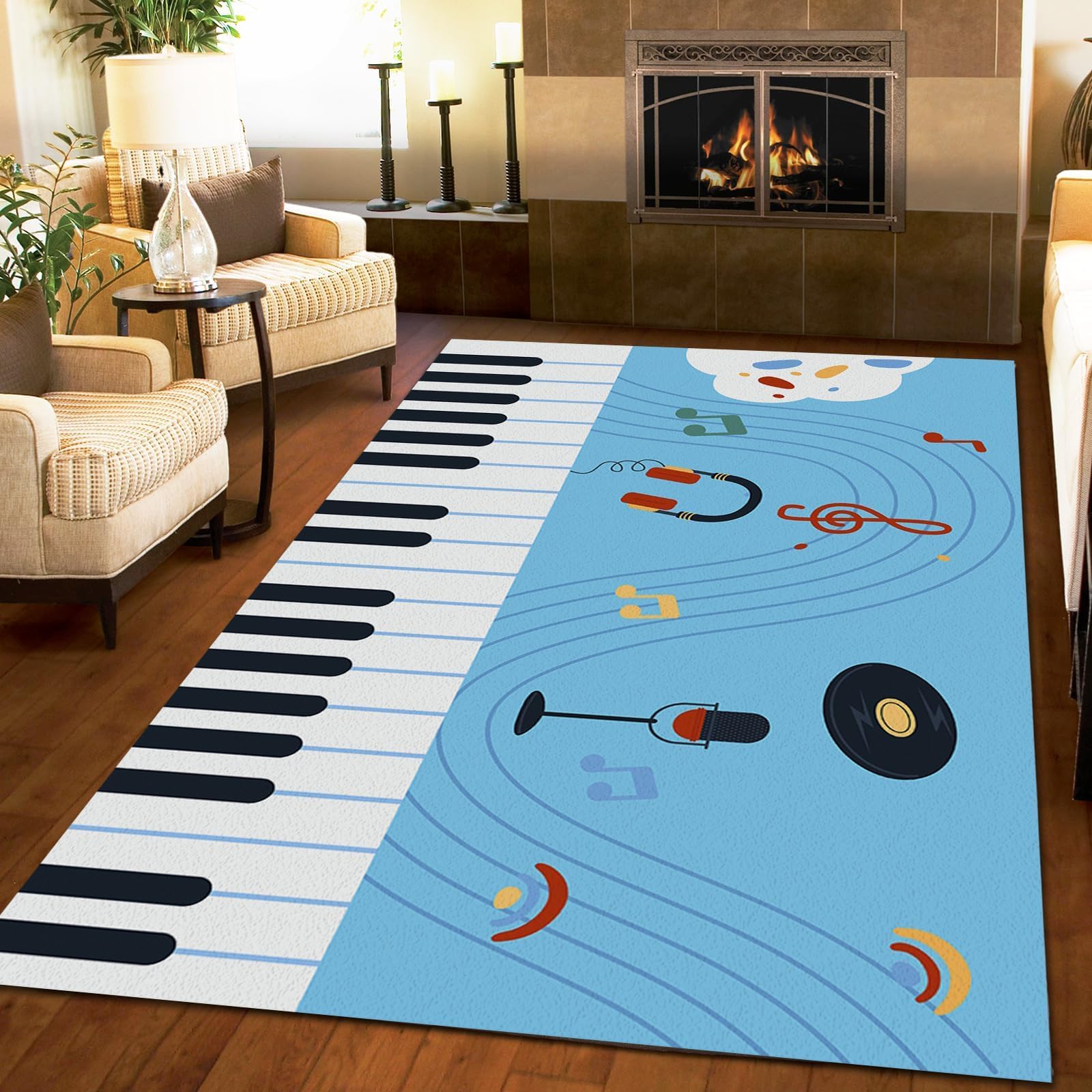 Alfombra azul con notas de dibujos animados, suave, diseño de partituras de piano, alfombra grande para dormitorio, cocina, sala de estar, 80 x 150 cm