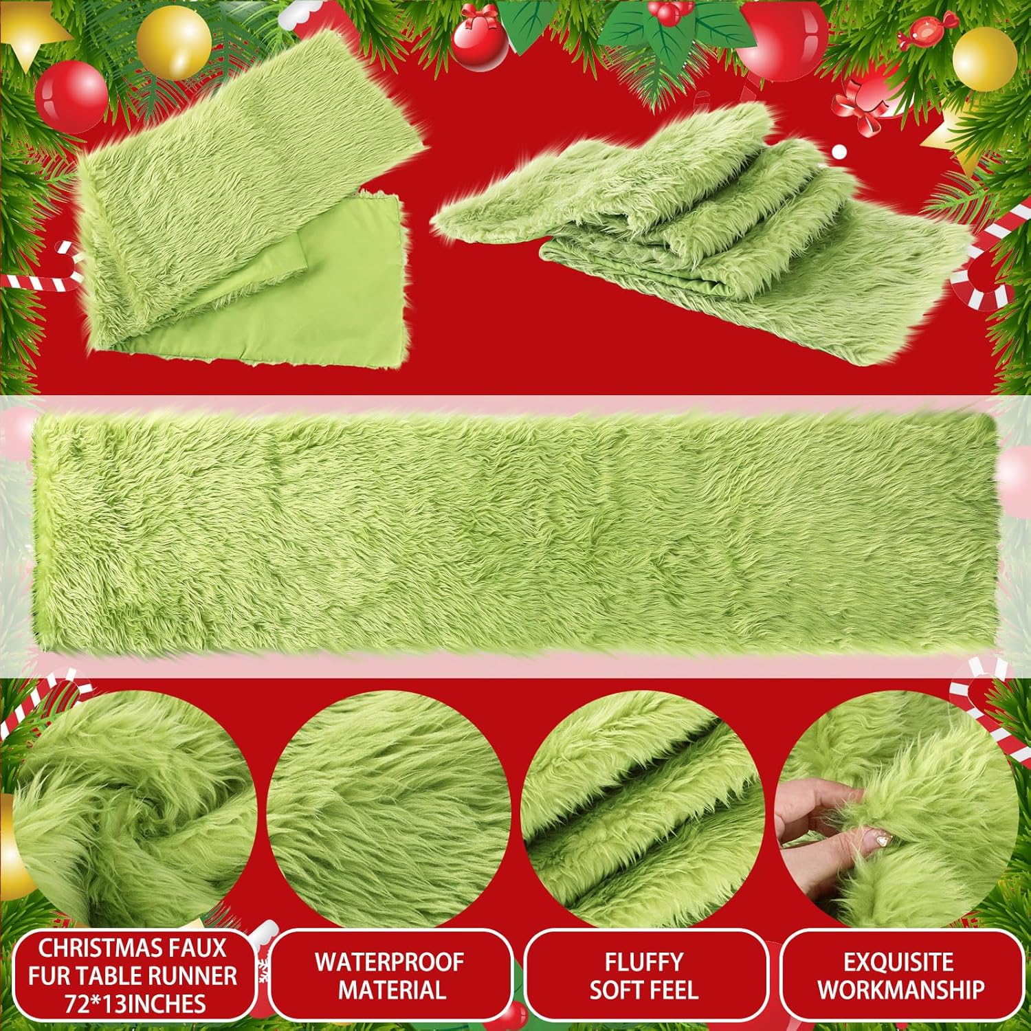 Hahafelt Christmas Table Runner Green Christmas Faux Fur Table Runner Decoration 72 x 13 Inch for Kitchen Dining Tabletop Fireplace Xmas Wedding Birthday Winter Holiday Party Decor