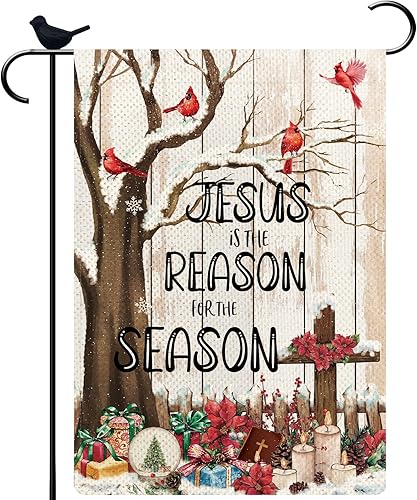 Bandera de jardín cristiana de Navidad Jesús es la razón de la temporada, 12 x 18 pulgadas, decoración religiosa de Navidad, cruz de casa, bandera