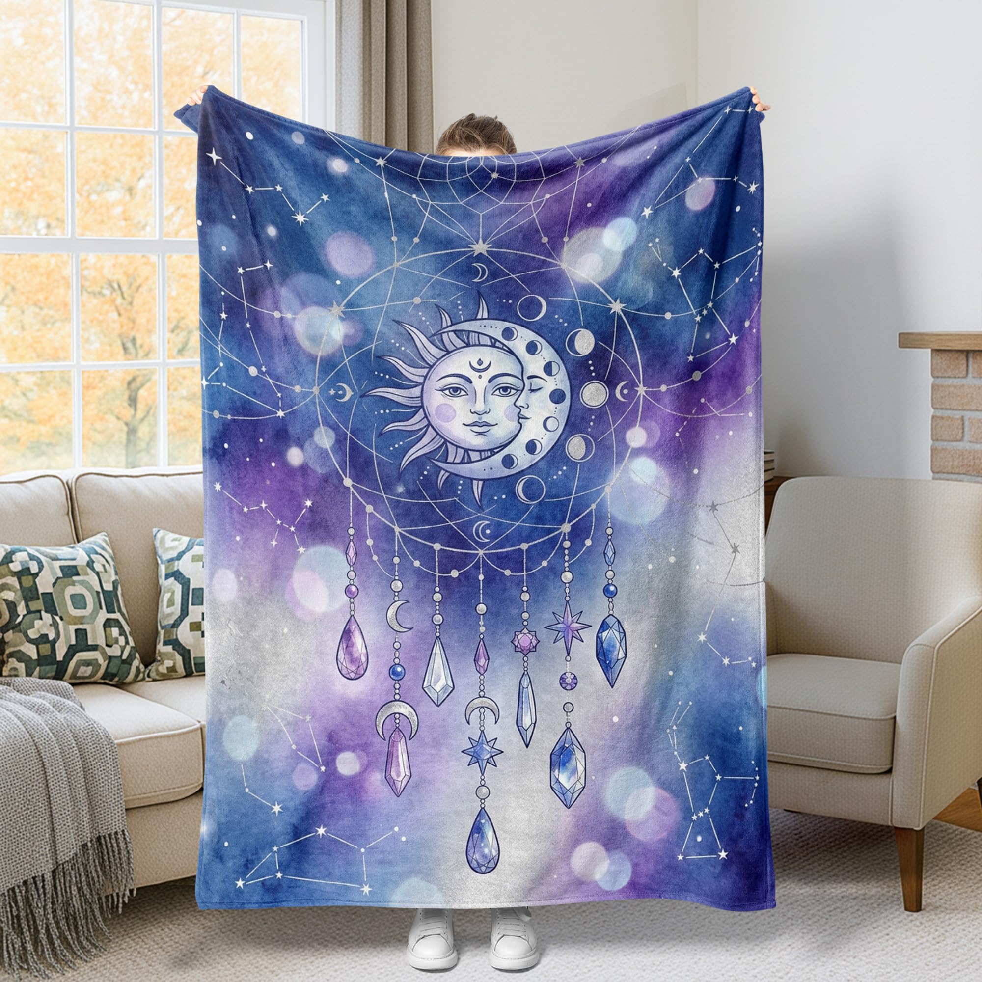 Couverture lune bohème violette pour réchauffer vos soirées d'hiver au salon