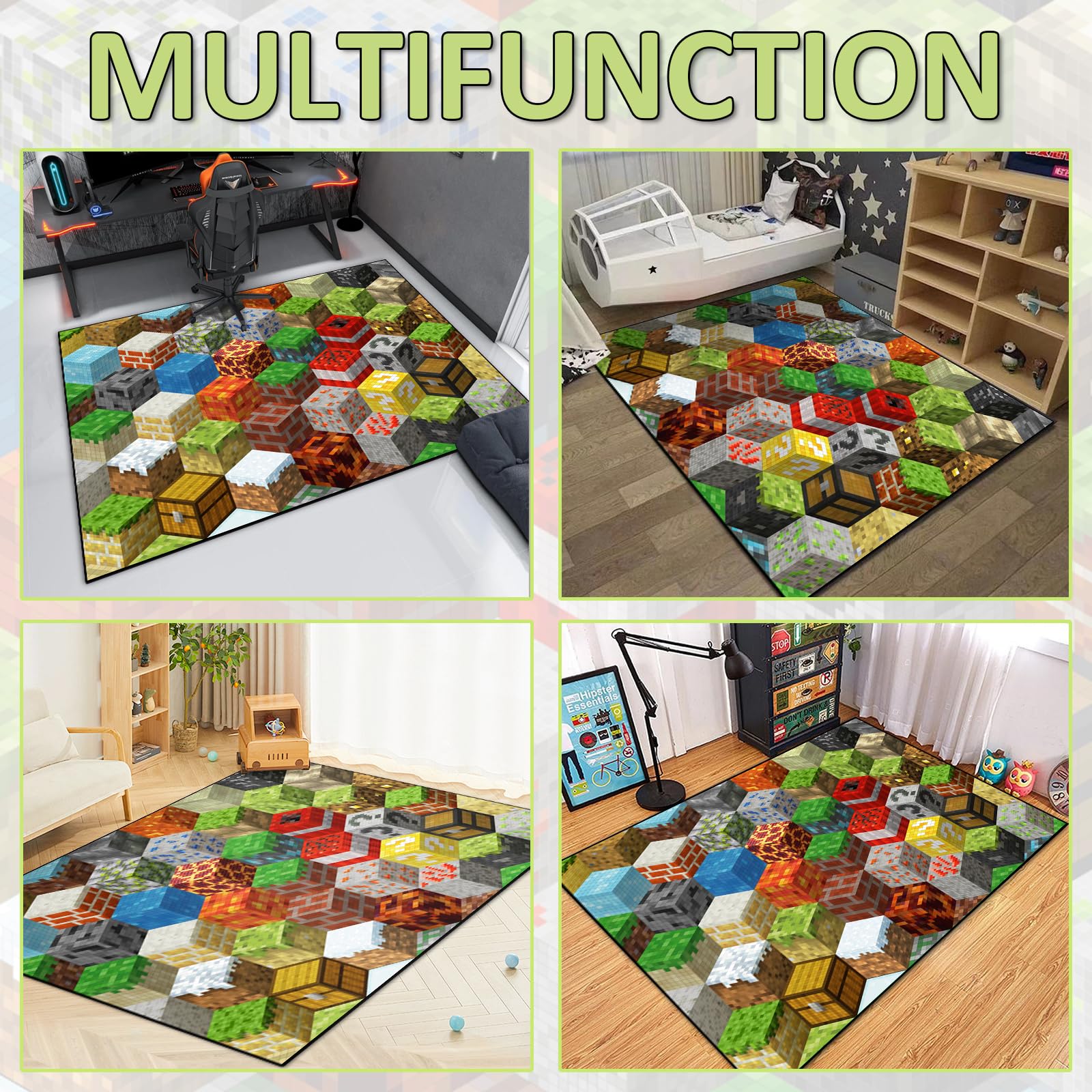 Tapis de jeu pour adolescents et garçons avec élément de jeu pixel, tapis de jeu cube pour chambre de garçons, salon, salle de jeux, tapis antidérapant pour enfants (200,7 x 150 cm)