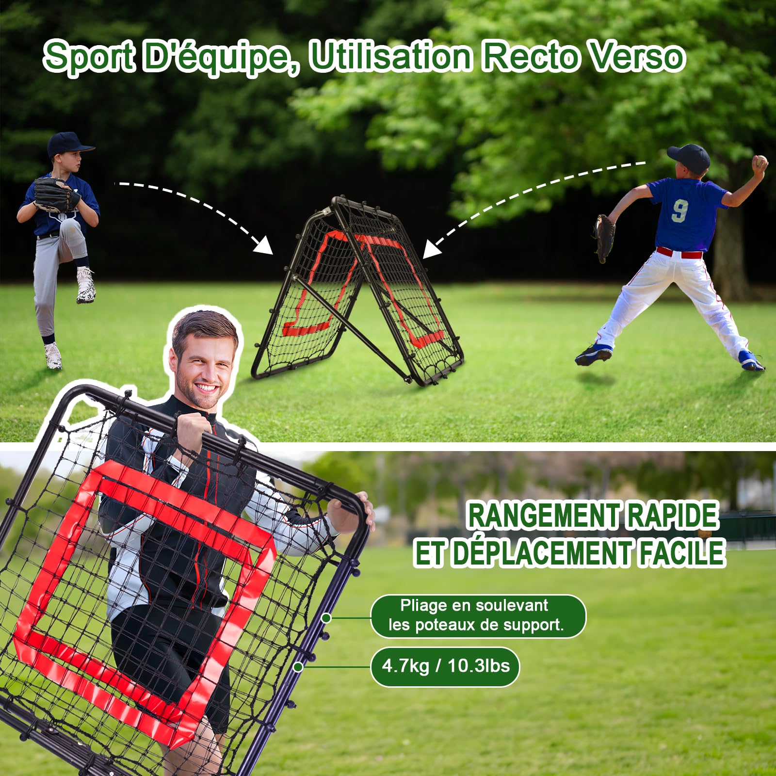 BaseGoal Filet de Rebond Football, Ajustable Angle Réglables Rebondisseur de Football Pliable avec Filet Double Couche, Convient pour Entraînement et Plus Varié Enfants et Adolescents