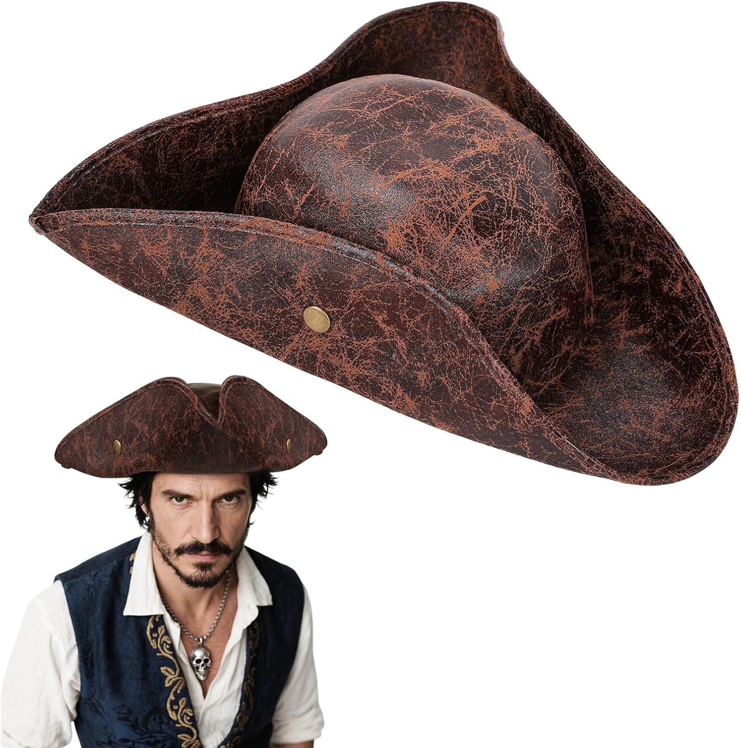 Kuberas Pirate Hat for Women Men Tricorn Hat Faux Leather Pirate Costume Hat Halloween Cosplay Costume Accessory for Adults - Image 7