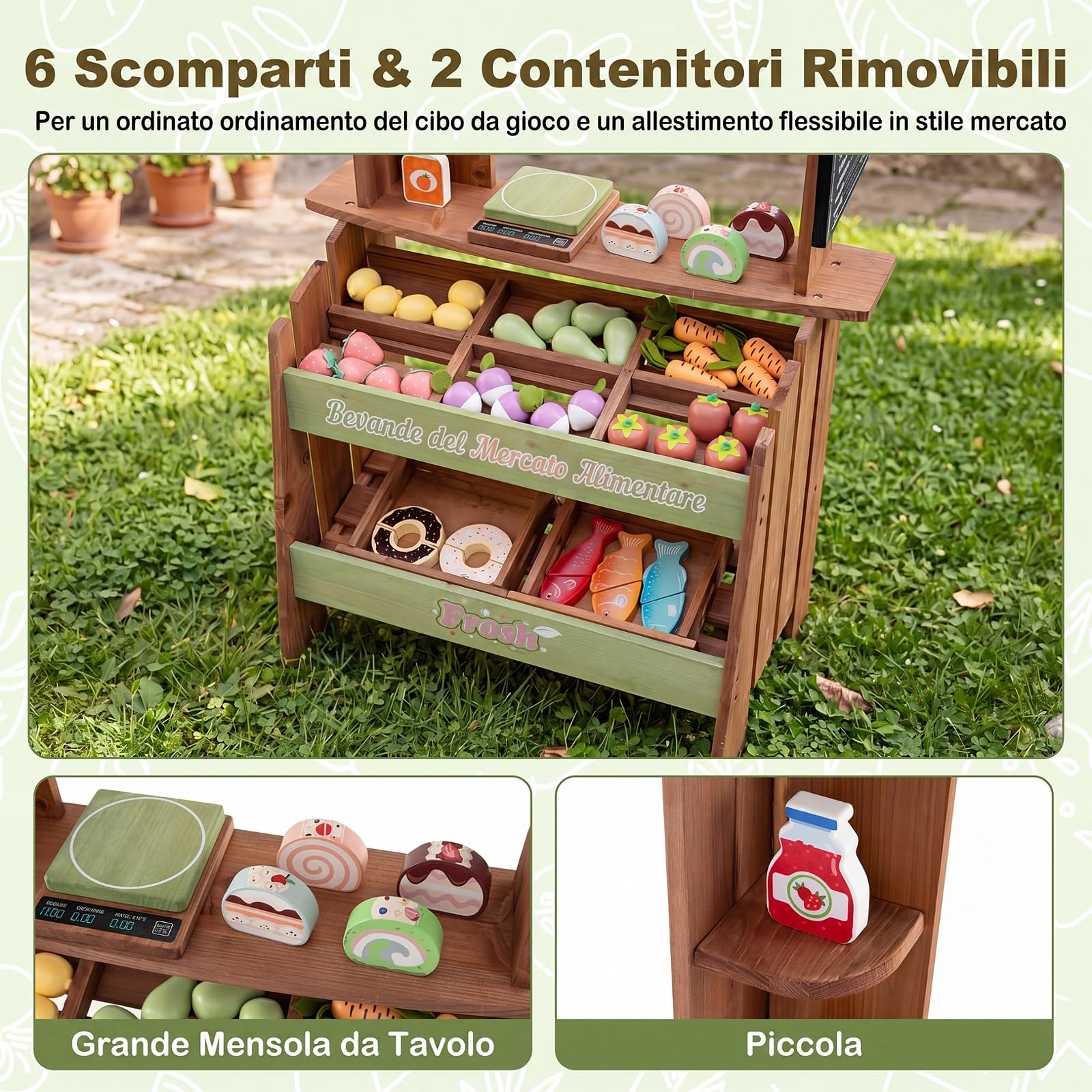 COSTWAY Bancarella in Legno per Bambini, Banco Mercato Giocattolo | con 6 Vani e 2 Cestini Estraibili, con Tetto, Lavagna, Bilancia e Accessori, per Bambini 3+ Anni, 50 x 33 x 91 cm