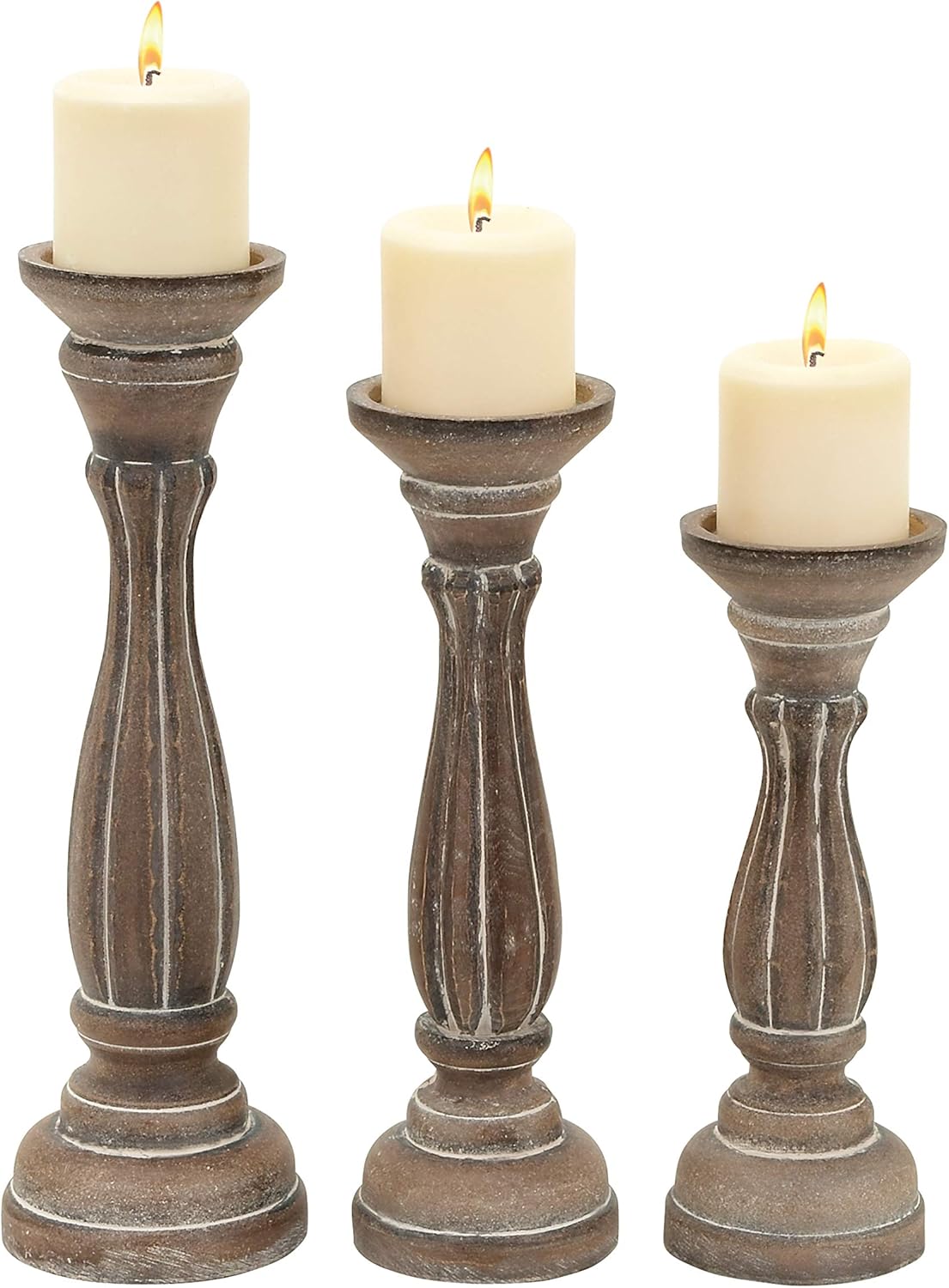 deco 79 wooden decorative candle holder candle stand, set of 3 candlestick holder 15", 13", 11"h, brown brown brown