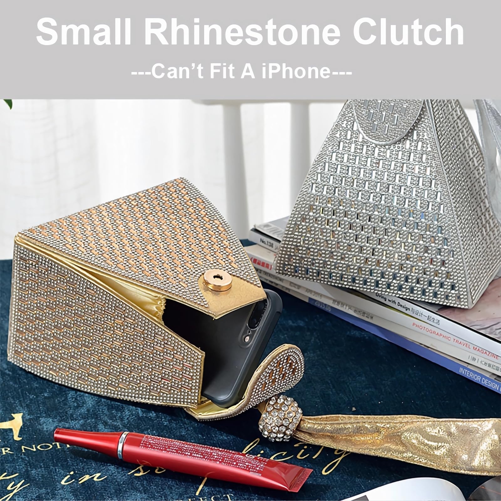 Piccola Clutch a Triangolo con Strass per Donna Borsa da Sera Glitter Borsetta da Polso