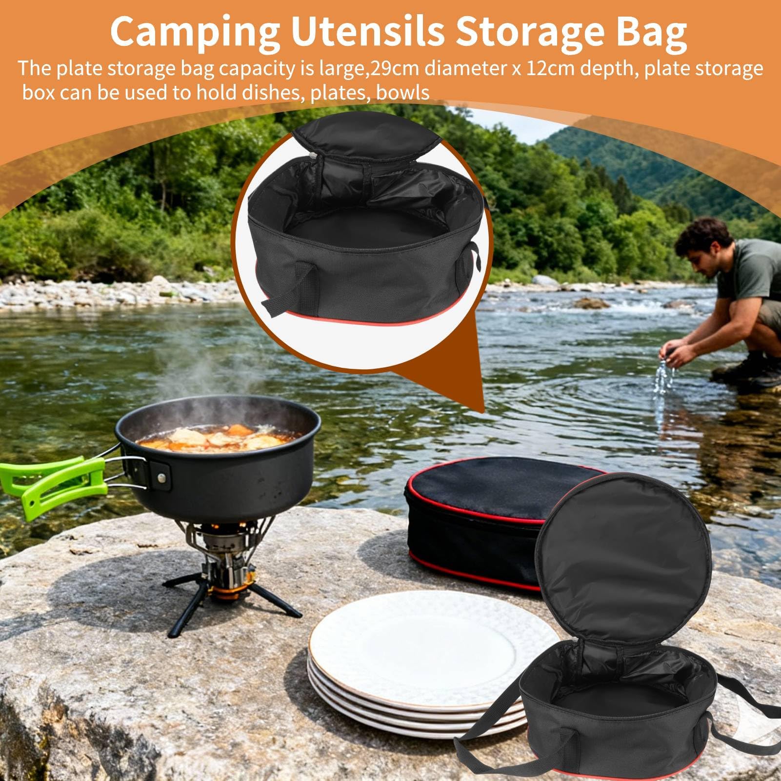 Sac De Rangement Rond Pour Vaisselle Portable - Tissu Oxford Épais Avec Poignée Et Couvercle, Idéal Camping & Pique-Nique