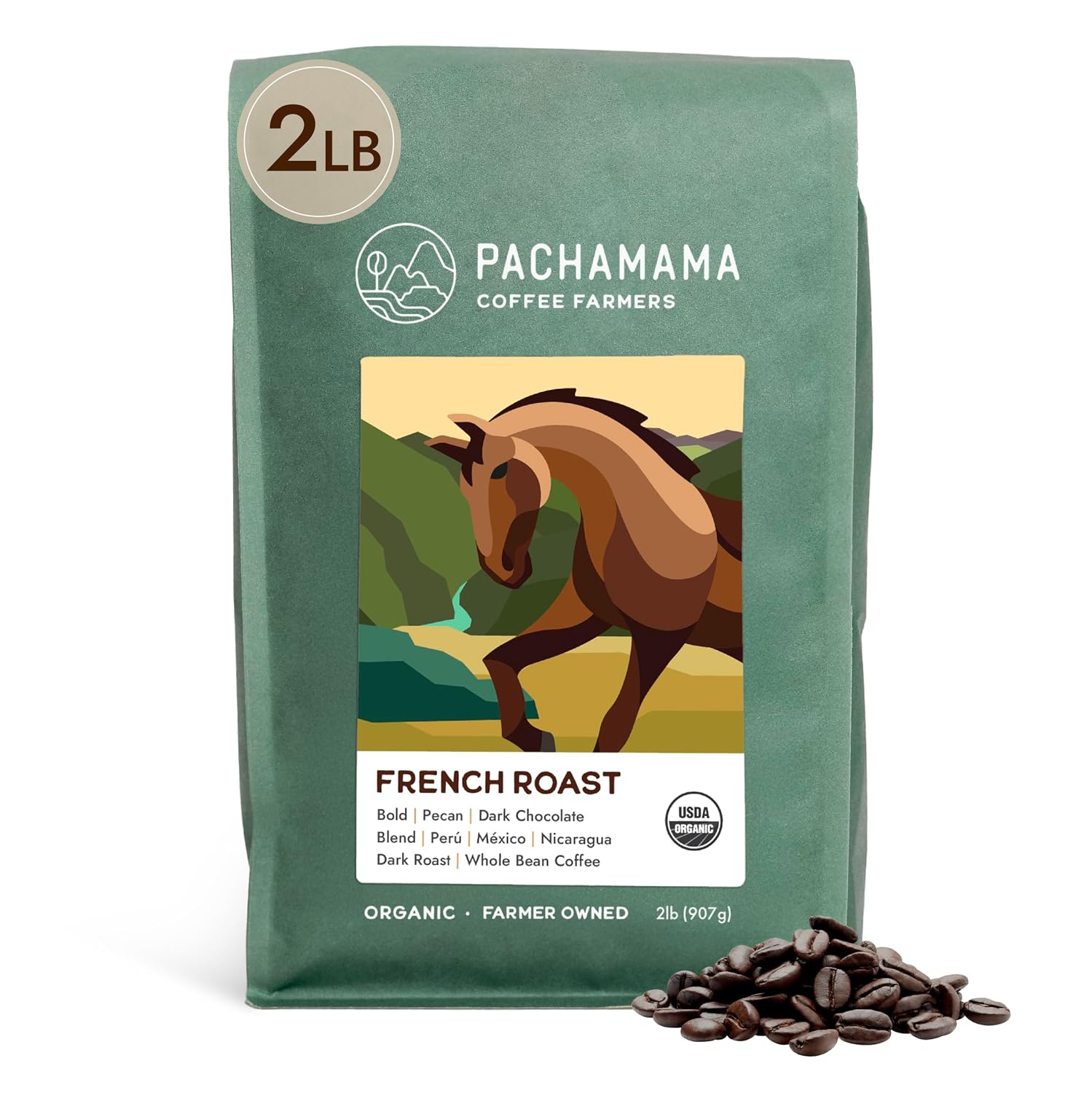 Pachamama Organic Coffee - French Roast Dark Roast Whole Bean Coffee - 2 lb - Farmer Owned & Regenerative