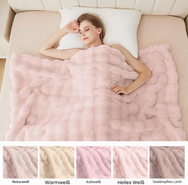 Pătură pufoasă tip bubble ORINOVA 150 x 200 cm, din blană artificială roz, pentru canapea și pat, pătură moale cu fir lung