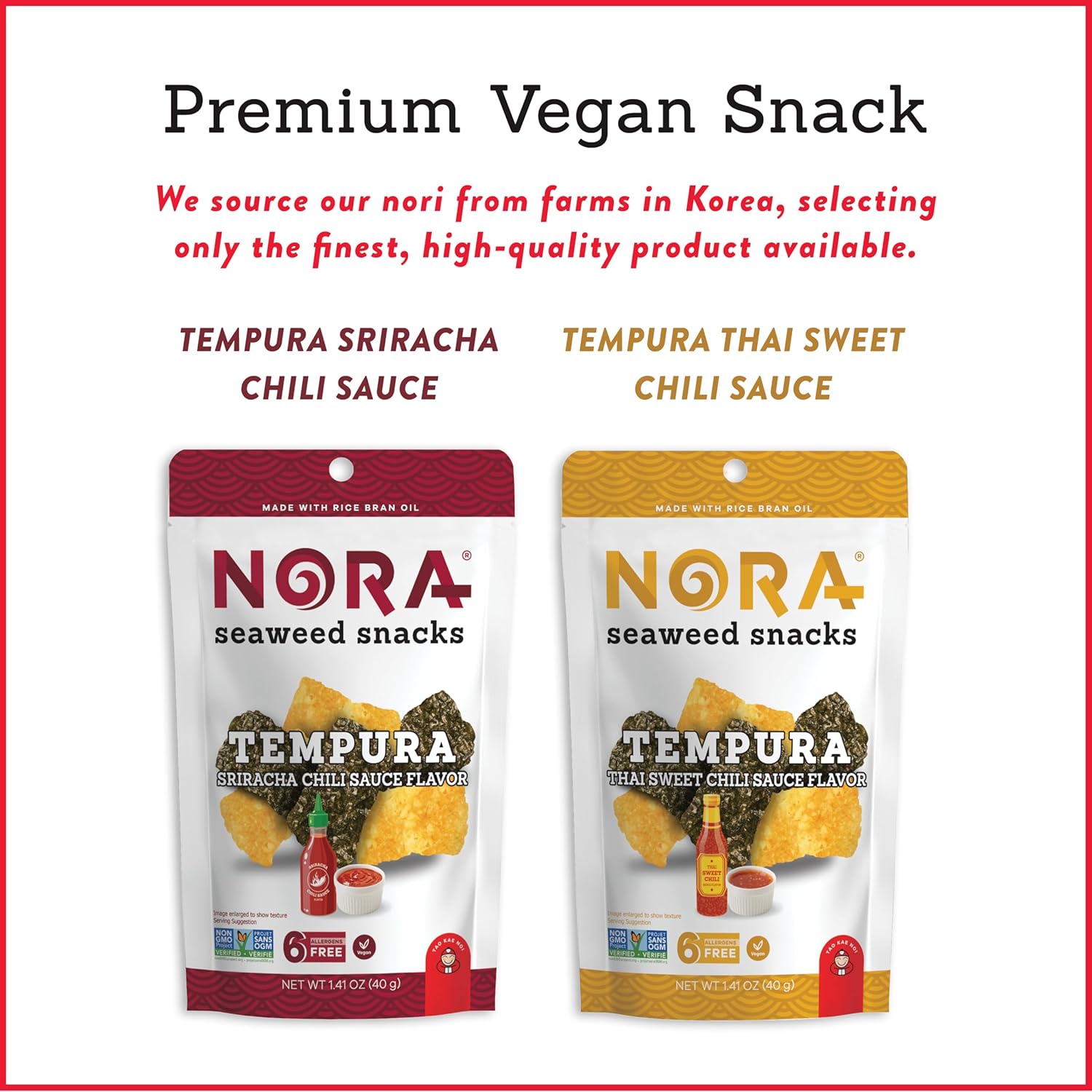 NORA Tempura Spicy Seaweed Snack Variety Pack, Sweet Chili & Sriracha Flavors, 40 g Pouches (Pack of 6) – Crispy, Savory, Spicy Seaweed Snack