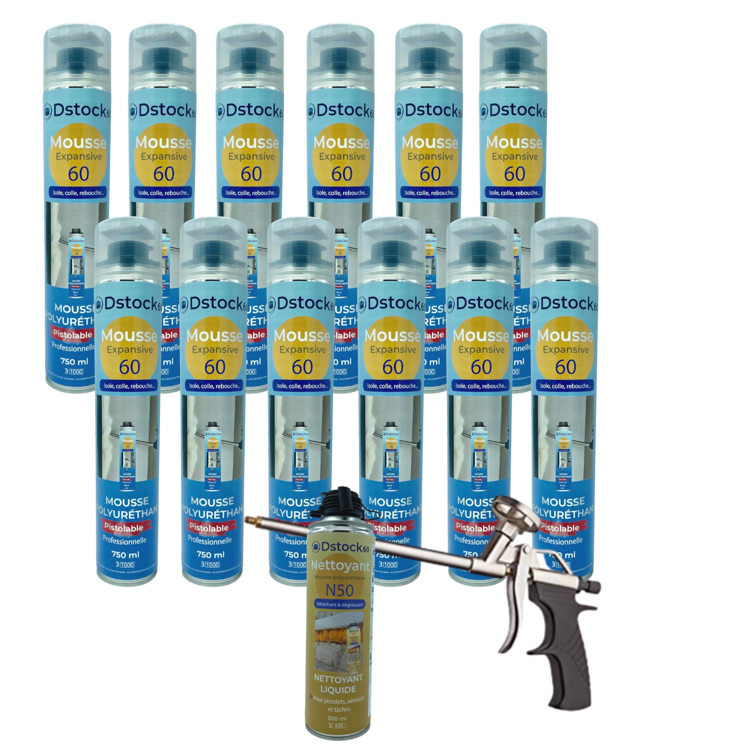 DSTOCK60 - Lot de 12 mousses expansives pistolables 750 ml + 1 Nettoyant Mousse + 1 pistolet - Mousse polyuréthane professionnelle - Isole, colle et rebouche - Extérieur et intérieur