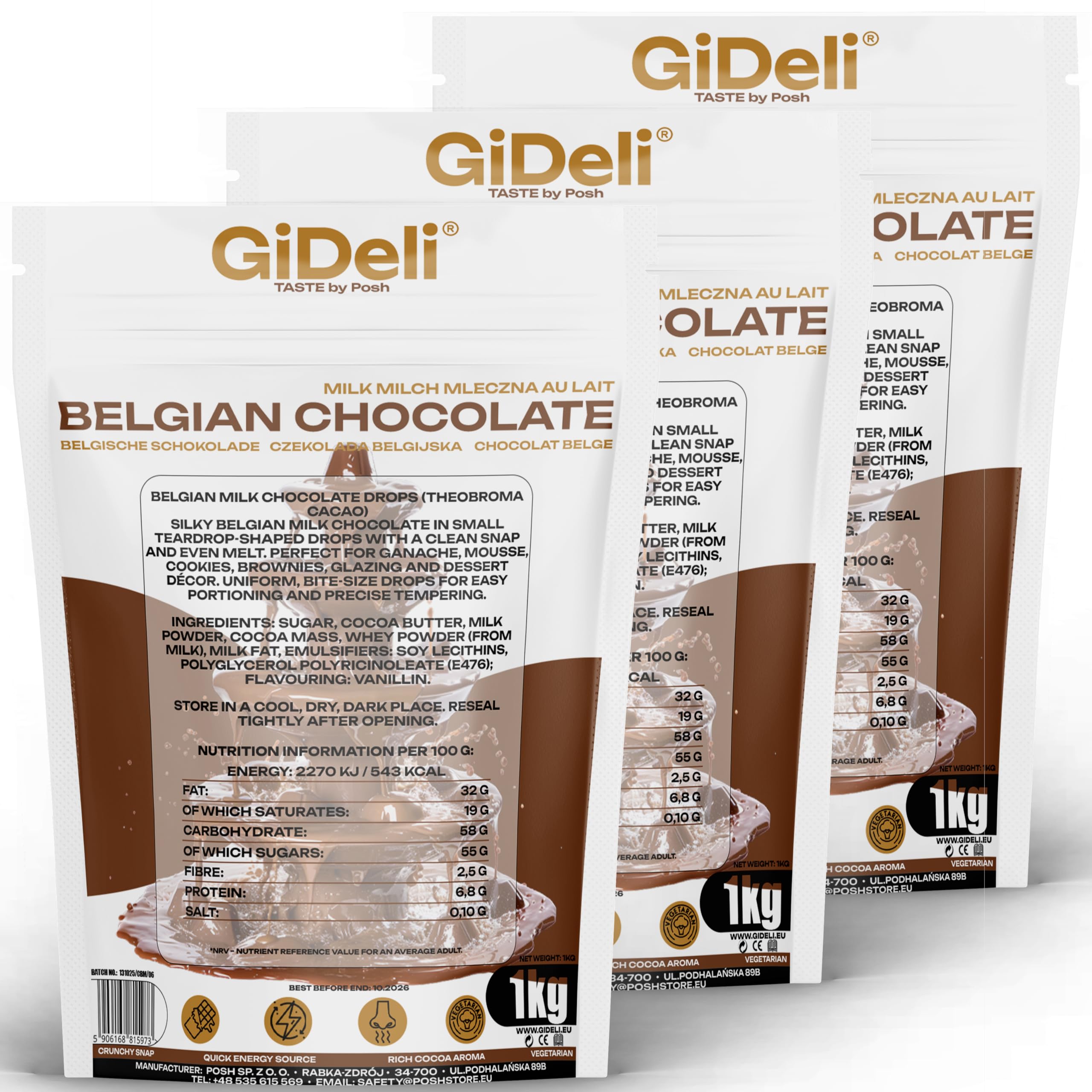 GiDeli Belgische Schokolade 3 x 1kg - Pralinen Chips, Schokodrops - Vollmilch-Kuvertüre - Perfekt für Schokofondue, Backen, Schokobrunnen, Desserts & Glasuren