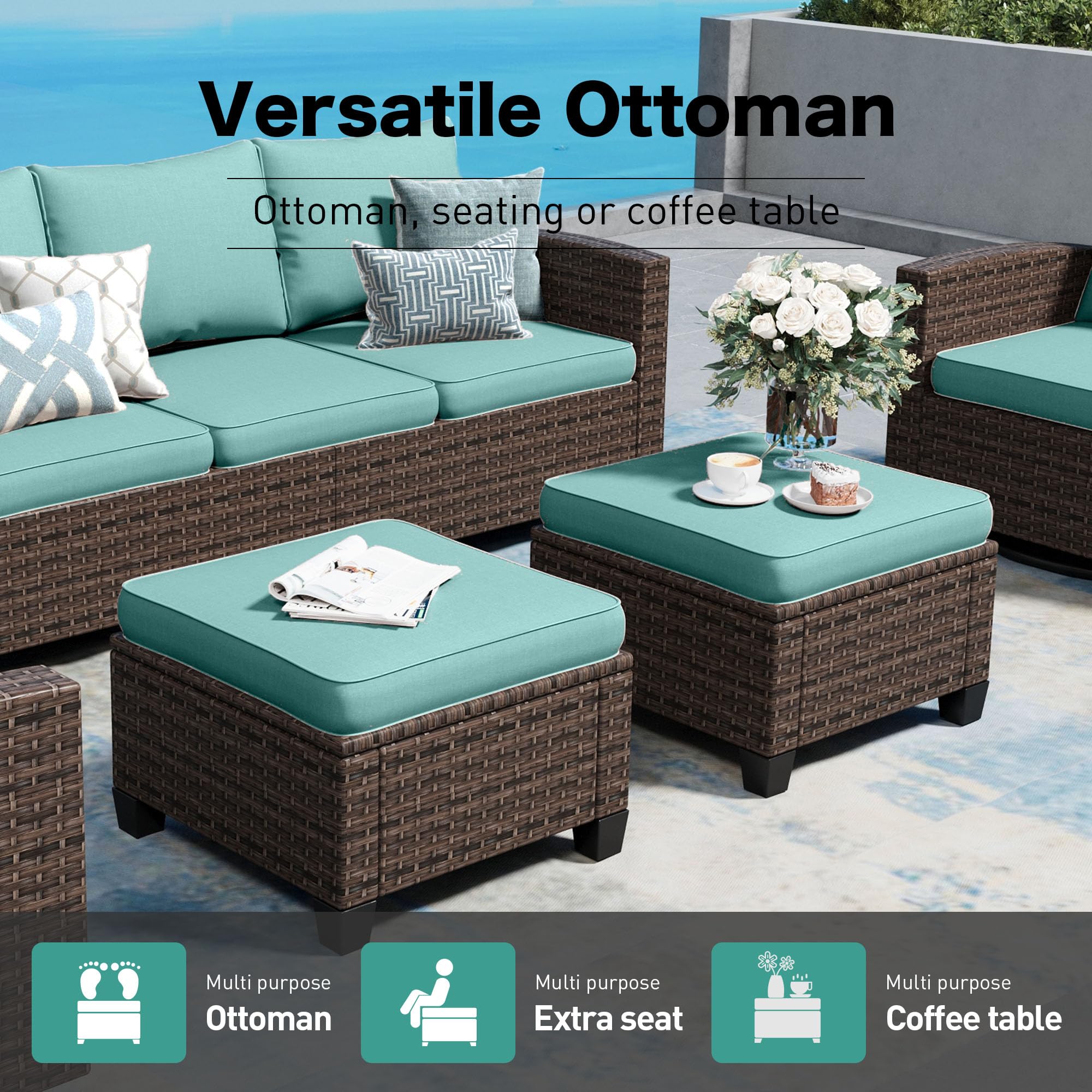 SUNSHINE VALLEY 2 Pieces Outdoor Patio Ottomans/Coffee Table/Single Seating with Brown Premium Wicker Rattan and 4