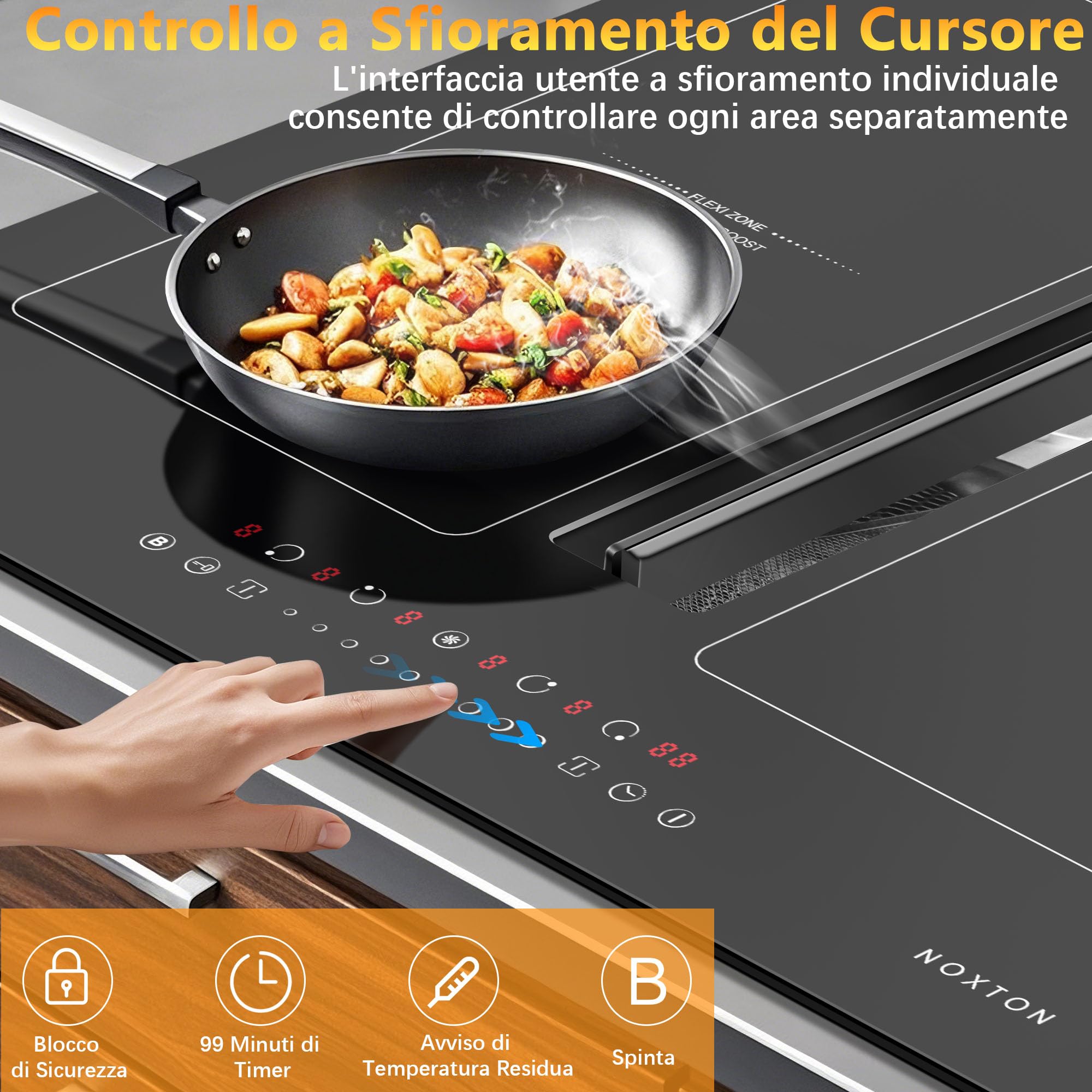 NOXTON Piano Cottura a Induzione 4 Fuochi, 7200W Piano Cottura Elettrico Domino Incasso, 60cm Piastre Induzione con 145W cappa aspirante, Flessible Zone di Controllo Scorrimento, Boost, 220V-240V