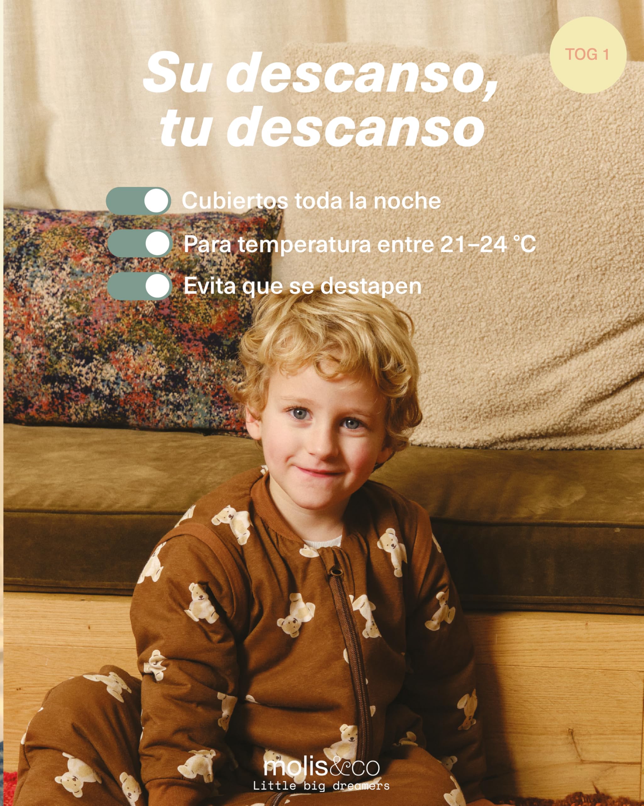 molis&co - Pijama Manta con Mangas Desmontables y Calcetines Antideslizantes - 1.0 TOG - Ideal para Primavera y otoño - 100% algodón (Oeko-Tex 100) (Teddy Mocca, 3 años)