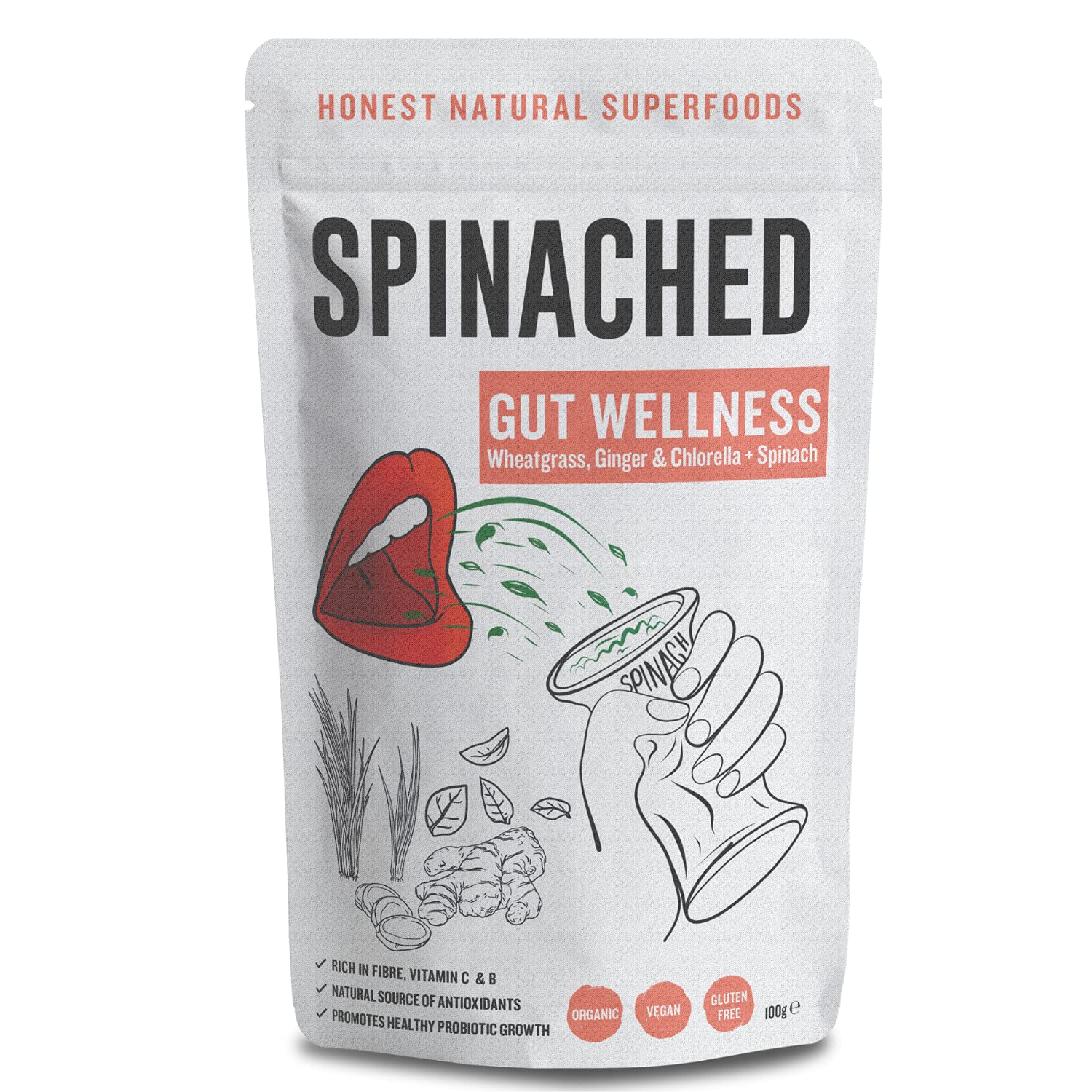 SPINACHED Gut Wellness - Organic Spinach, Ginger, Wheatgrass, Chlorella - Digestive Supplement - Supports Healthy Gut Microbiome, Immune System, Digestion, Anti-Inflammatory, Vegan, Gluten-Free