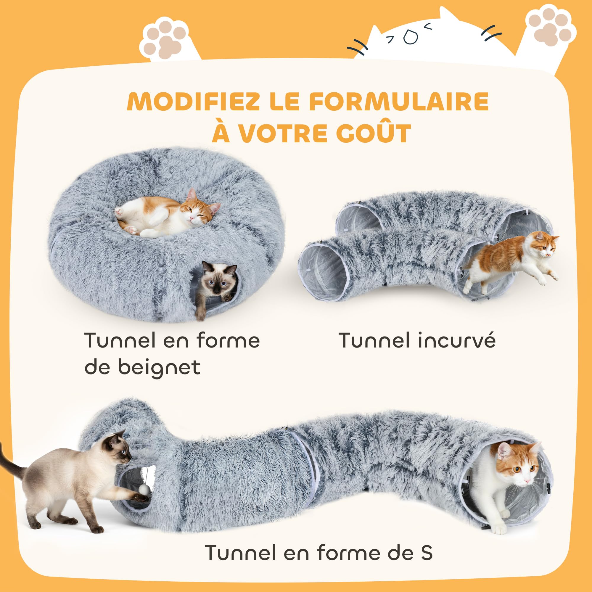 PawHut Tunnel pour Chat Intérieur 2 en 1 avec Lit de Chat en Tissu Suède Doux, Tunnel Chat Rond Pliable en Forme de Donut avec Coussin Circulaire Lavable, Jouet Balle et Trou d'Entrée, Gris Clair
