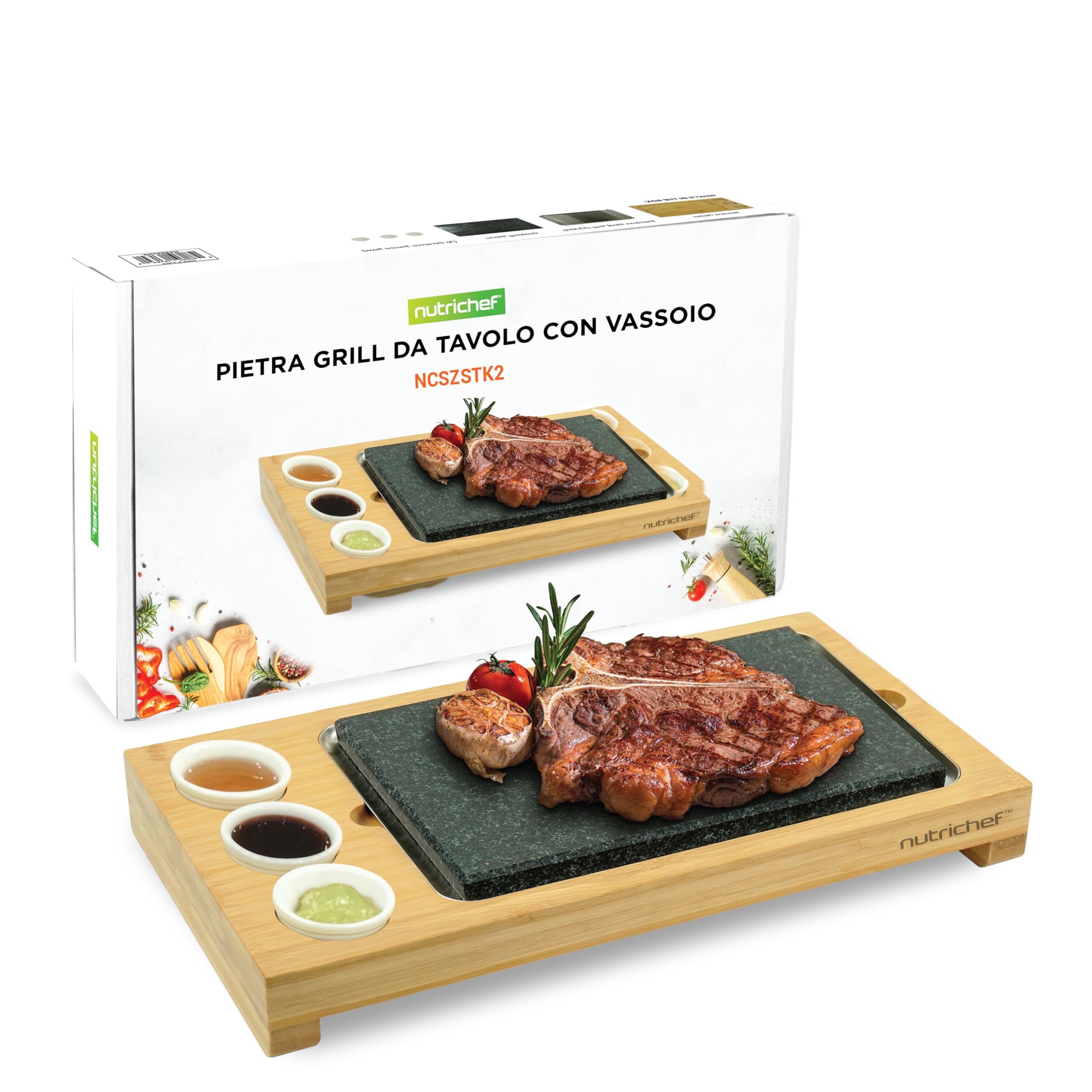 NutriChef Pietra Lavica per Carne, Barbecue da Tavolo con Pietra Granito, Vassoio Acciaio Inox, Piatto Bambù e Ciotole Ceramica, Griglia Carne, Verdura e Pesce