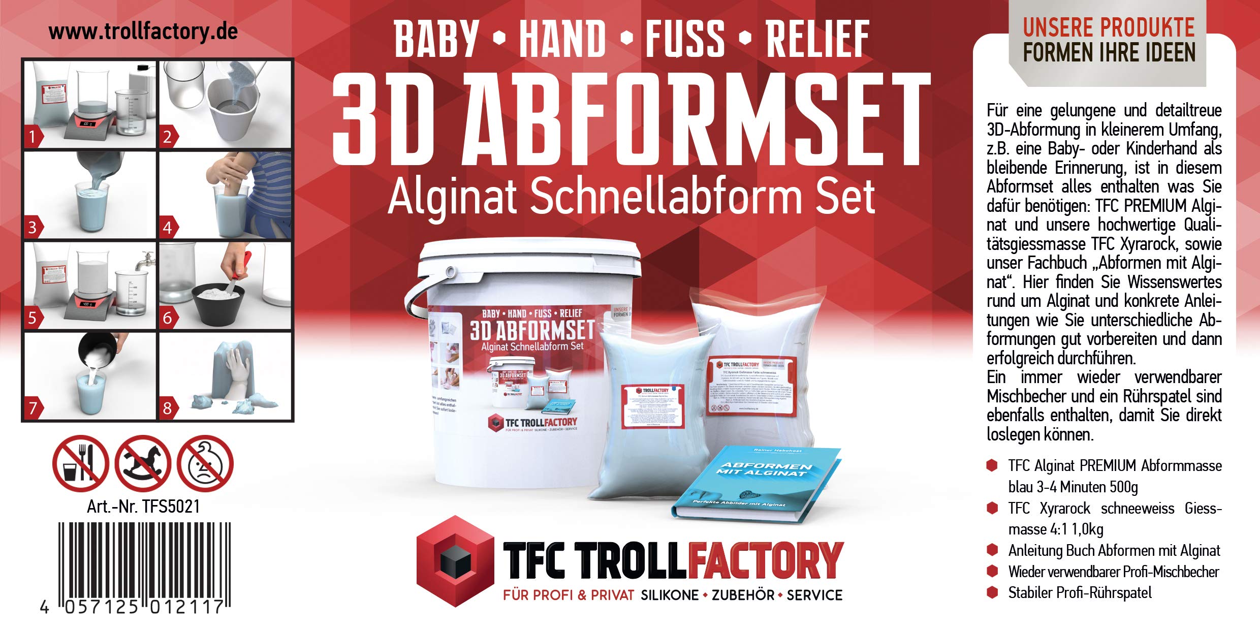 TFC 3D Hand Fuß Relief Abformset, mit 500g TFC Alginat Abformmasse 3-4 Minuten, 1kg Xyrarock Giessmasse 4:1, Mischbecher und Rührspatel sowie unser Fachbuch „Abformen mit Alginat“