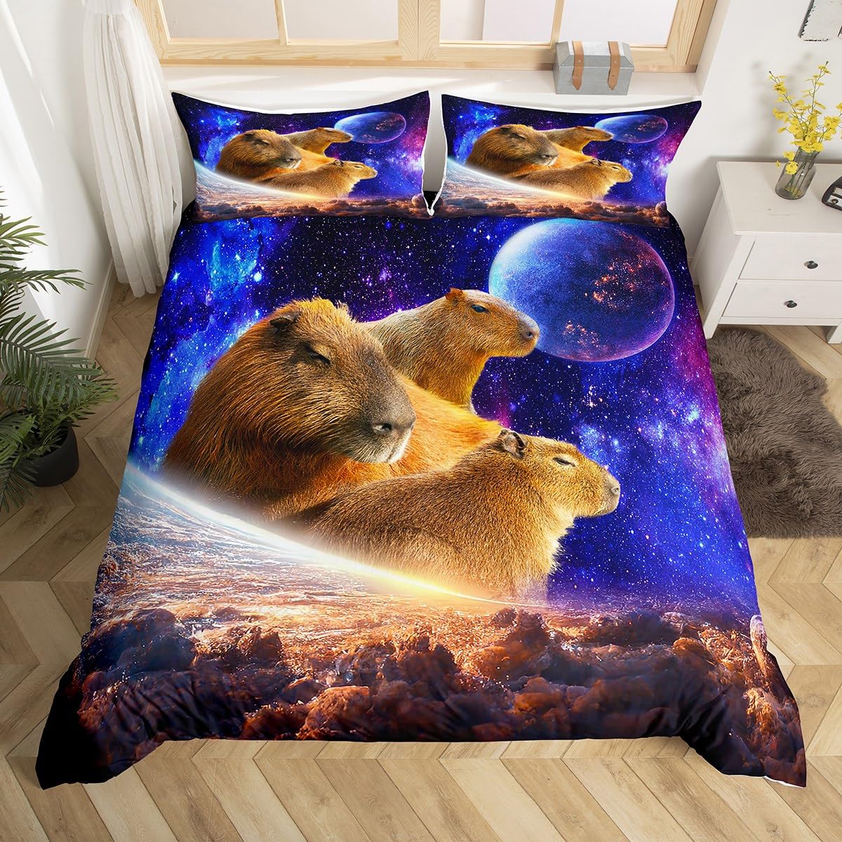 Homewish Capybaras Comforter Cover 2 Pieces for Kids Teens, Funny Rodent Animals Bedding Set Cute Pet Capybaras Duvet Cover for Boys Girls Galaxy Starry Moon Bedspread Cover with 1 Pillowcase, Single — image 1