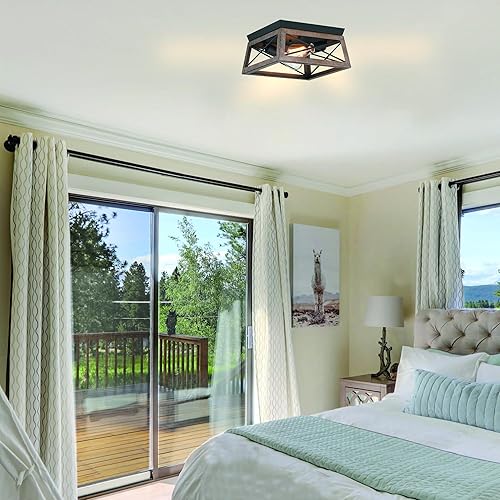 Miniatura 8 de 2-Light Black and Wood Flush Mount Ceiling Light with Bronze Wood Grain Farmhouse Ceiling Light for Closet Hallway Entryway Vintage Industrial Cage