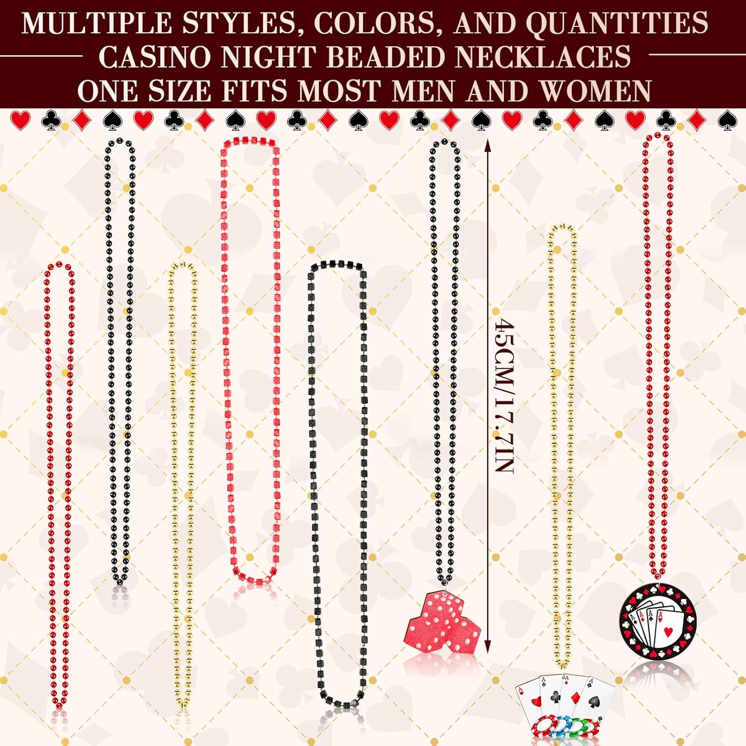 36 Pcs Casino Night Beaded Necklaces Bulk 8 Styles Pokers Dices Chips Sign Necklaces Red Black Gold Casino Party Favors for Las Vegas Game Night Birthday Party Supplies Decorations