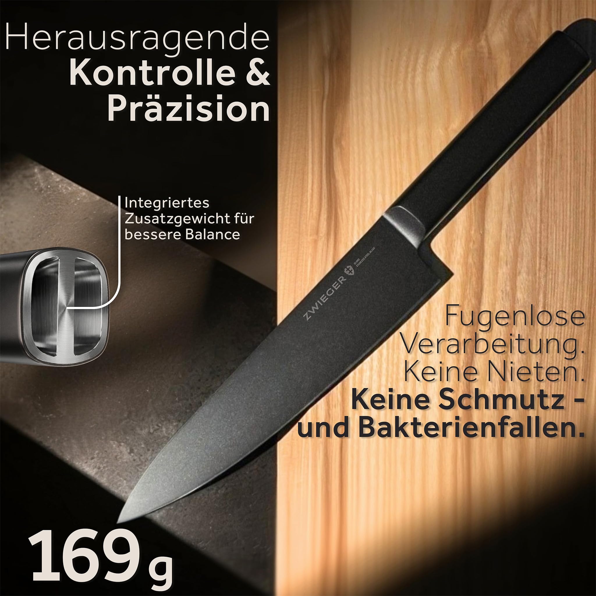 ZWIEGER Messerblock mit Messer 8-teiliges Set – Messerset aus Edelstahl 52 HRC – Küchenmesser Set mit Block im offenen Holz-Design inkl. Schärfer mit interner Rollentechnologie und Küchenschere
