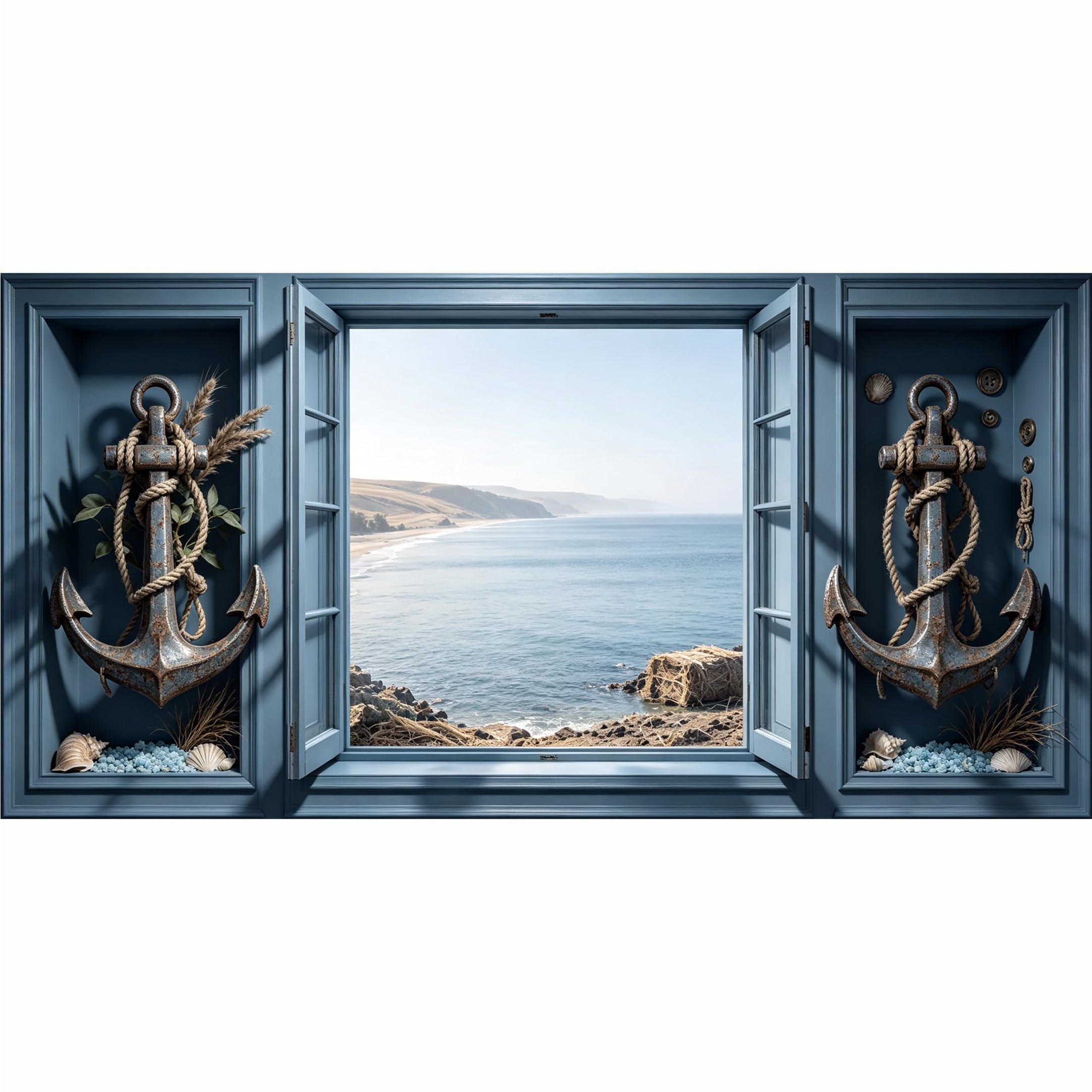 QZLITHOTIC 50x100cm 3D Framed Wall Art， Coastal Anchor Ocean View Self‑Adhesive Mural， Water‑Activated Peel & Stick Fabric Decor Wall Decal for Bedroom Living Room