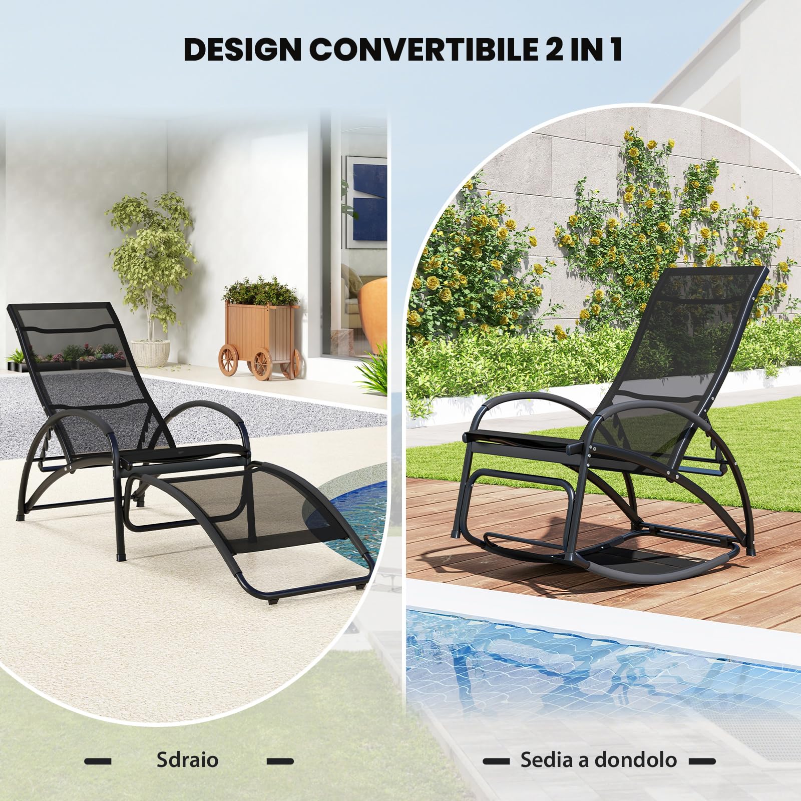 COSTWAY Sedia a Dondolo 2 in 1 da Giardino, Lettino Prendisole Convertibile con Schienale Regolabile a 4 Posizioni, Braccioli Curvi e Telaio in Alluminio, per Patio e Piscina, Portata 150 kg (Nero)