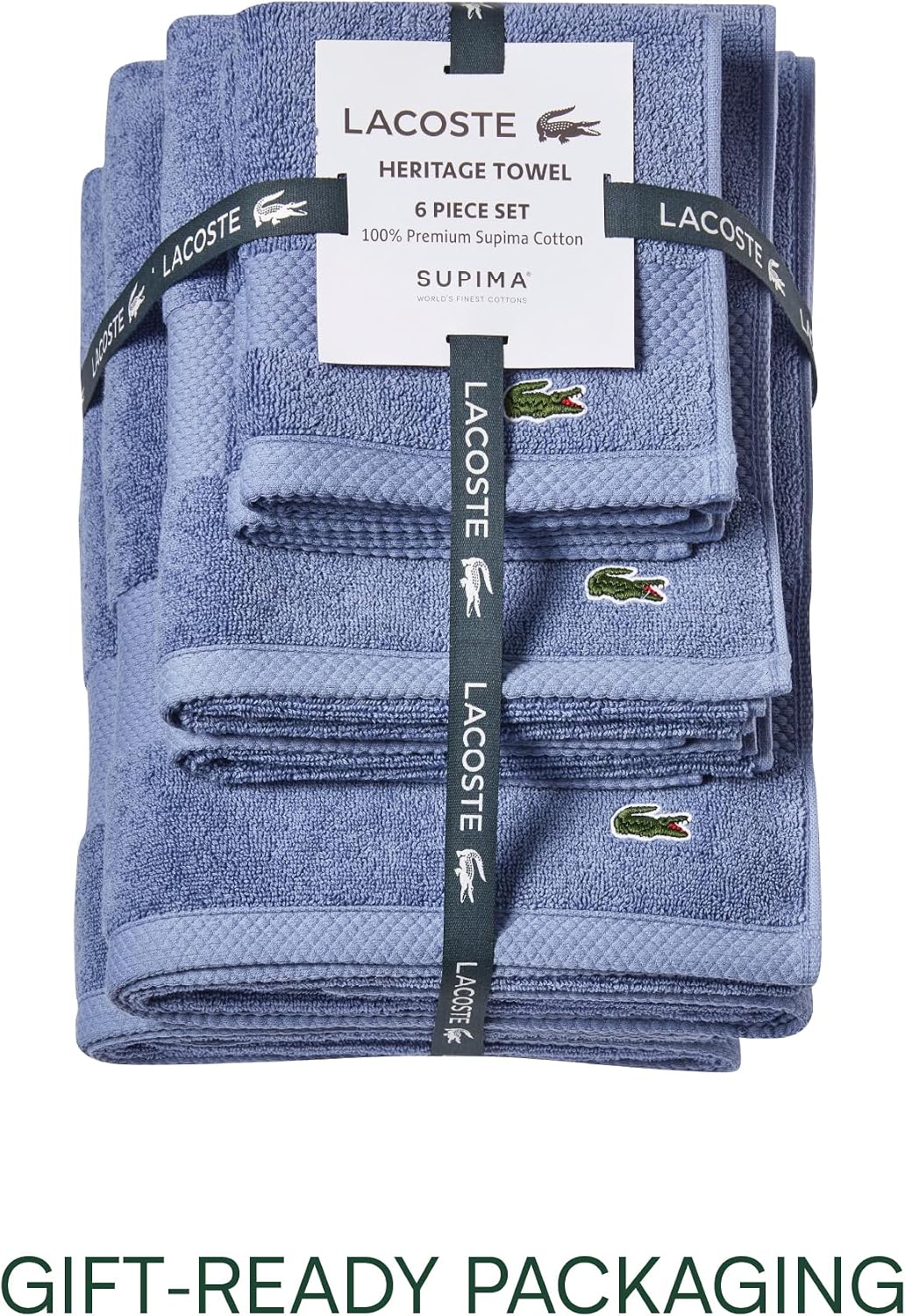 Lacoste Heritage Supima Cotton 6-Piece Towel Set, Light Denim | Highly Absorbent, Quick Drying, Premium Super Soft, Gift for All Occasions, 2 Bath Towels + 2 Hand Towels + 2 Wash Cloths