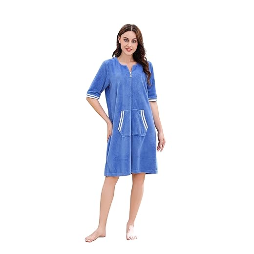 Richie House RH Housecoat Women Zipper Front Duster Robe 3/4 Lounger Housedress Pocket Nightgown S-3XL RHW4008-A-M Blue