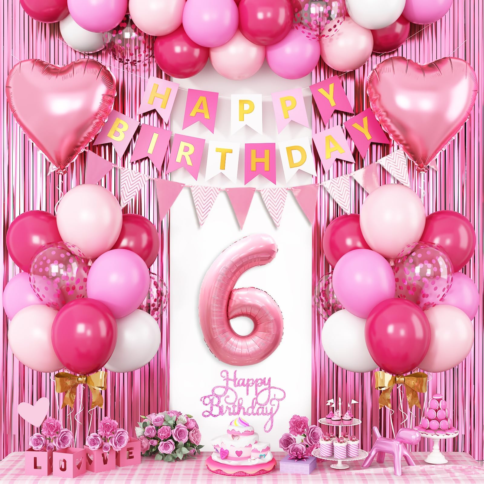 Adorely 6th Birthday Decorations for Girls: Hot Pink Balloons, Happy Birthday Banner, Fringe Curtain, Cake Topper, Heart Foil Balloons
