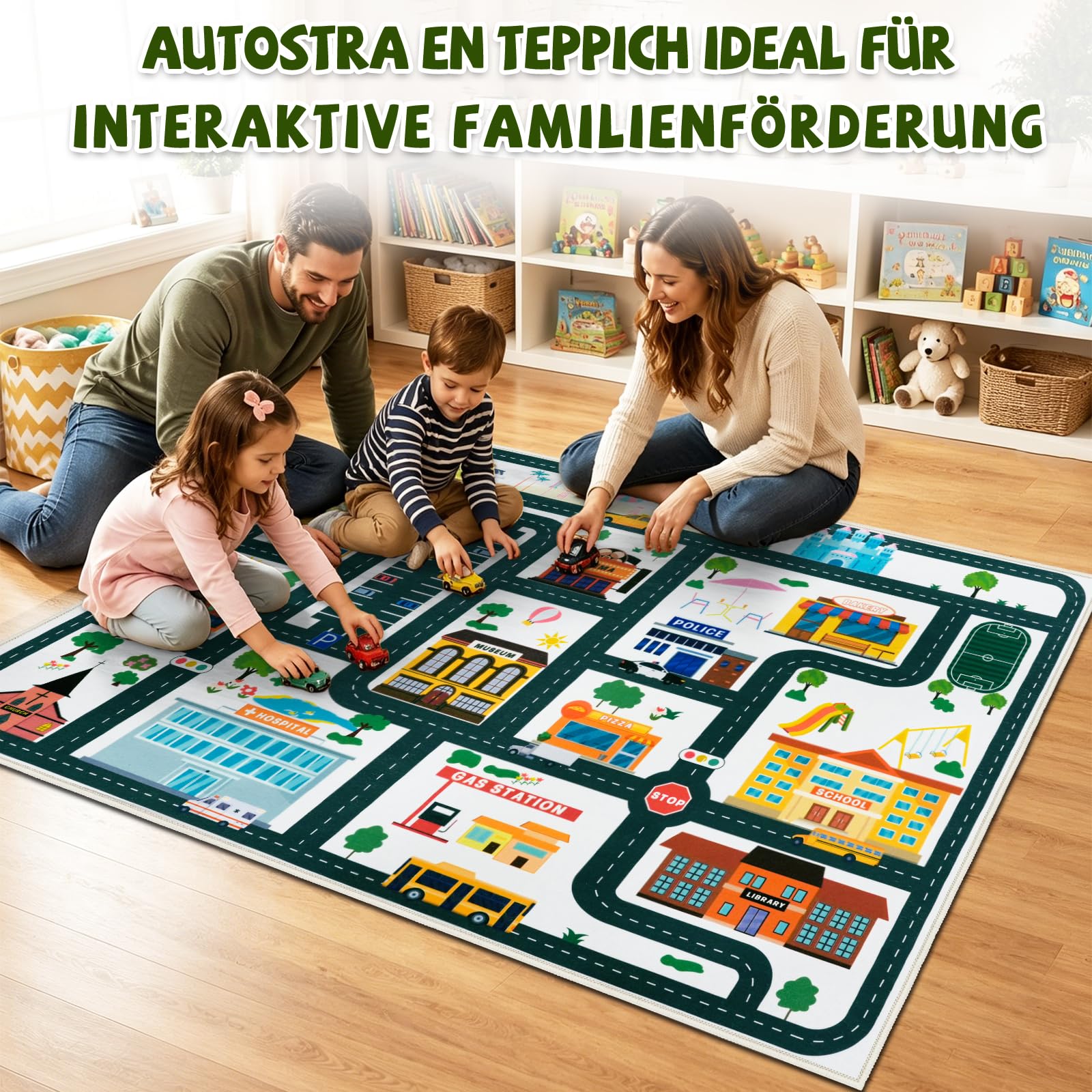 Capslpad Tapis de jeu éducatif et amusant - Vert - 152 x 198 cm (Rectangulaire) - Tapis de salle de jeux pour enfants - Tapis de jeu routier lavable