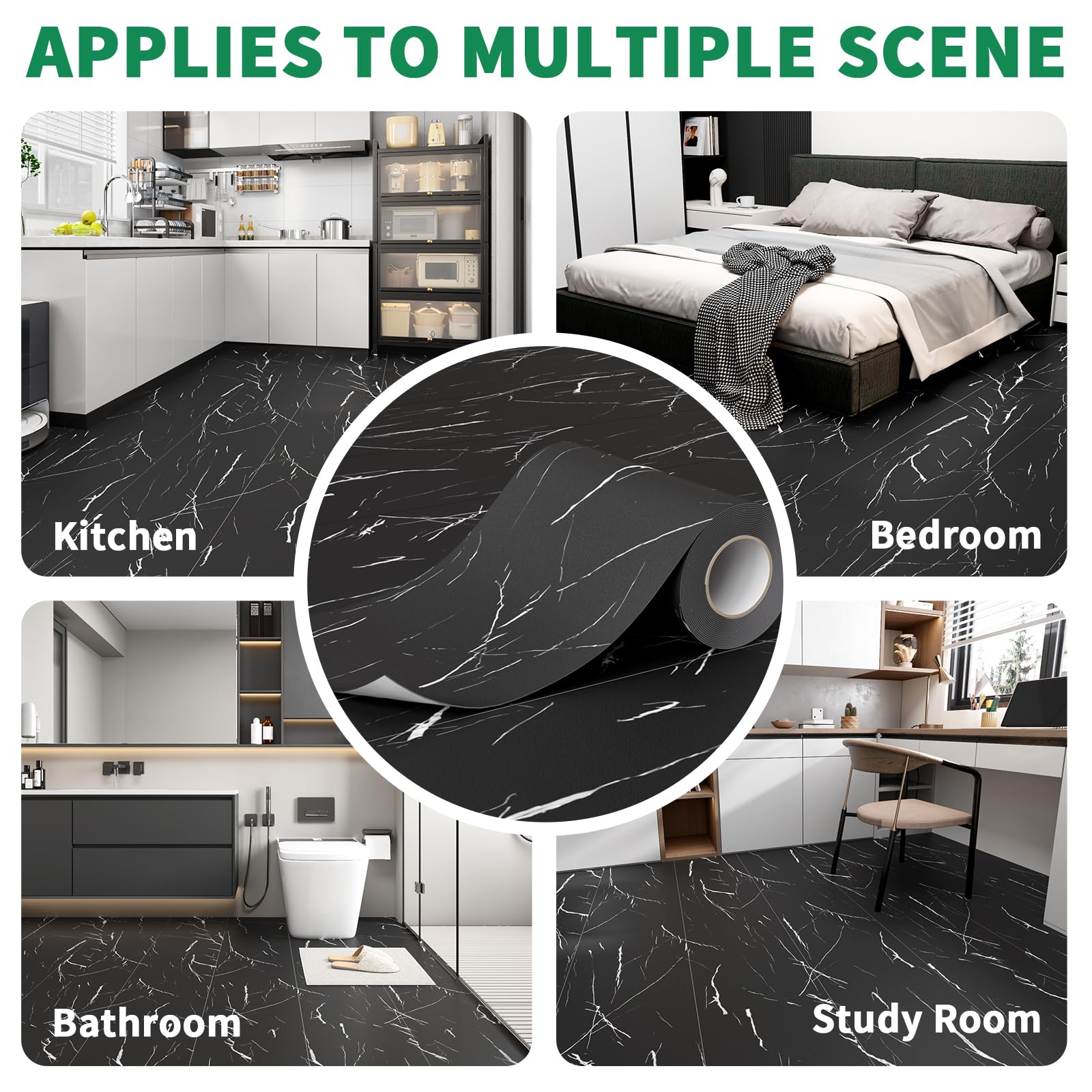 Peel and Stick - Piastrelle per pavimenti in vinile, 30 x 1500 cm, impermeabile, antigraffio, per affittuari, cucina, bagno, camper, colore: marmo nero