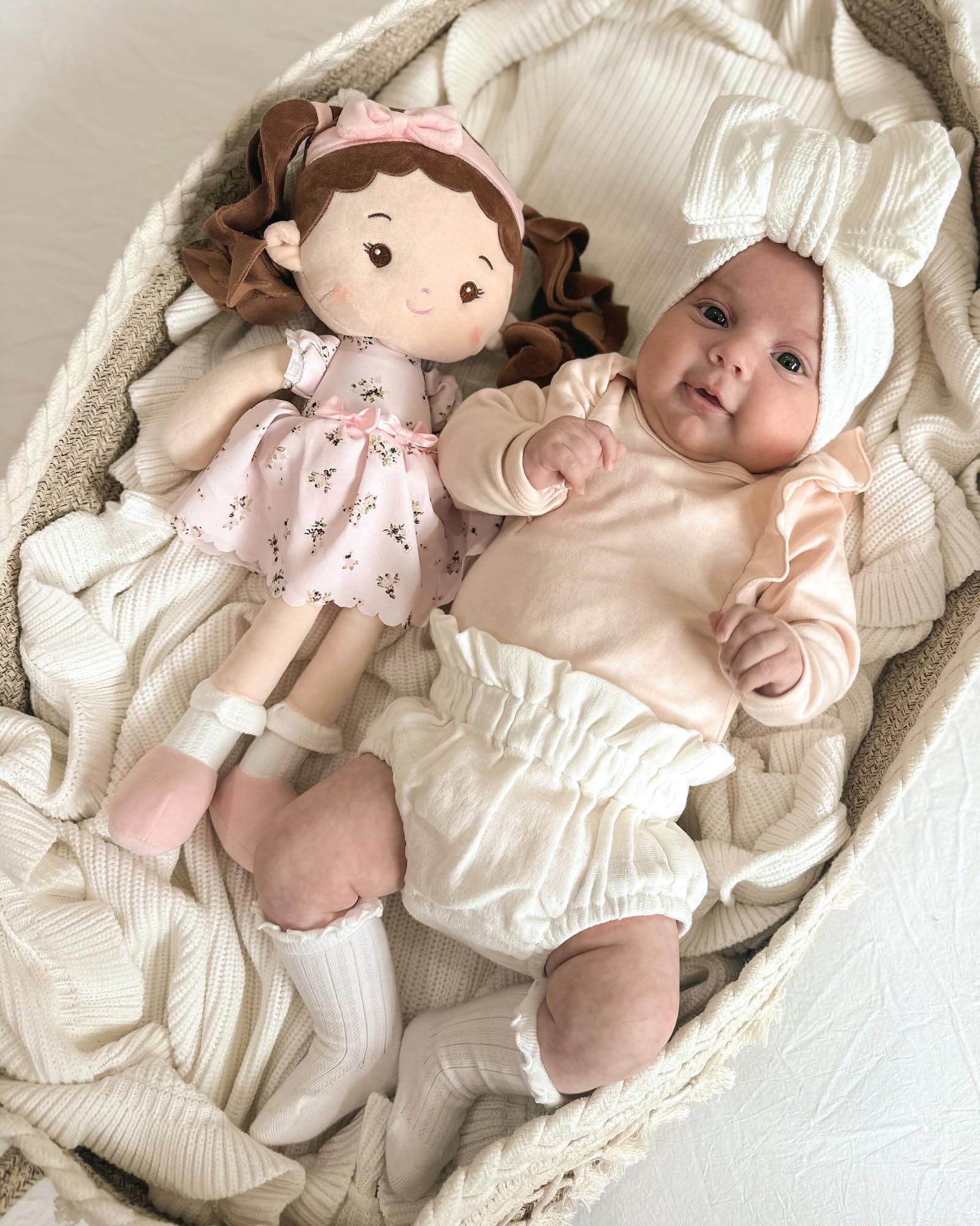 LeyaDoll Personalized Soft Baby Doll Toys (16''), My First Baby Rag Doll for 1 Year-Old Girl Birthday Gift, Christmas Plush Toys Gift for Toddler Kids Infants-Princess-Breeze-Brown