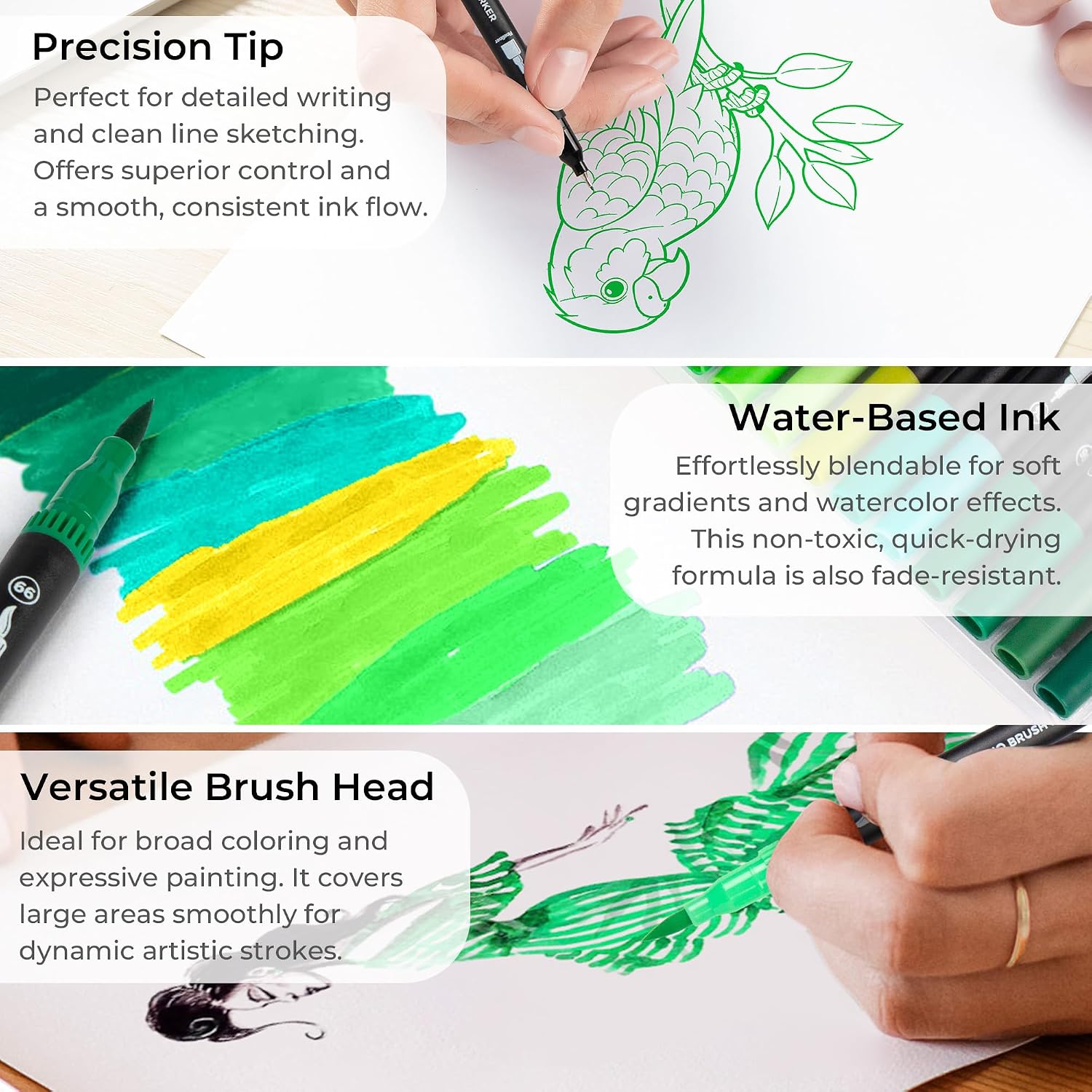Green Duo Tip Marker Pens, 12 Fine & Brush Tip Pen For Adult Coloring Books image 3