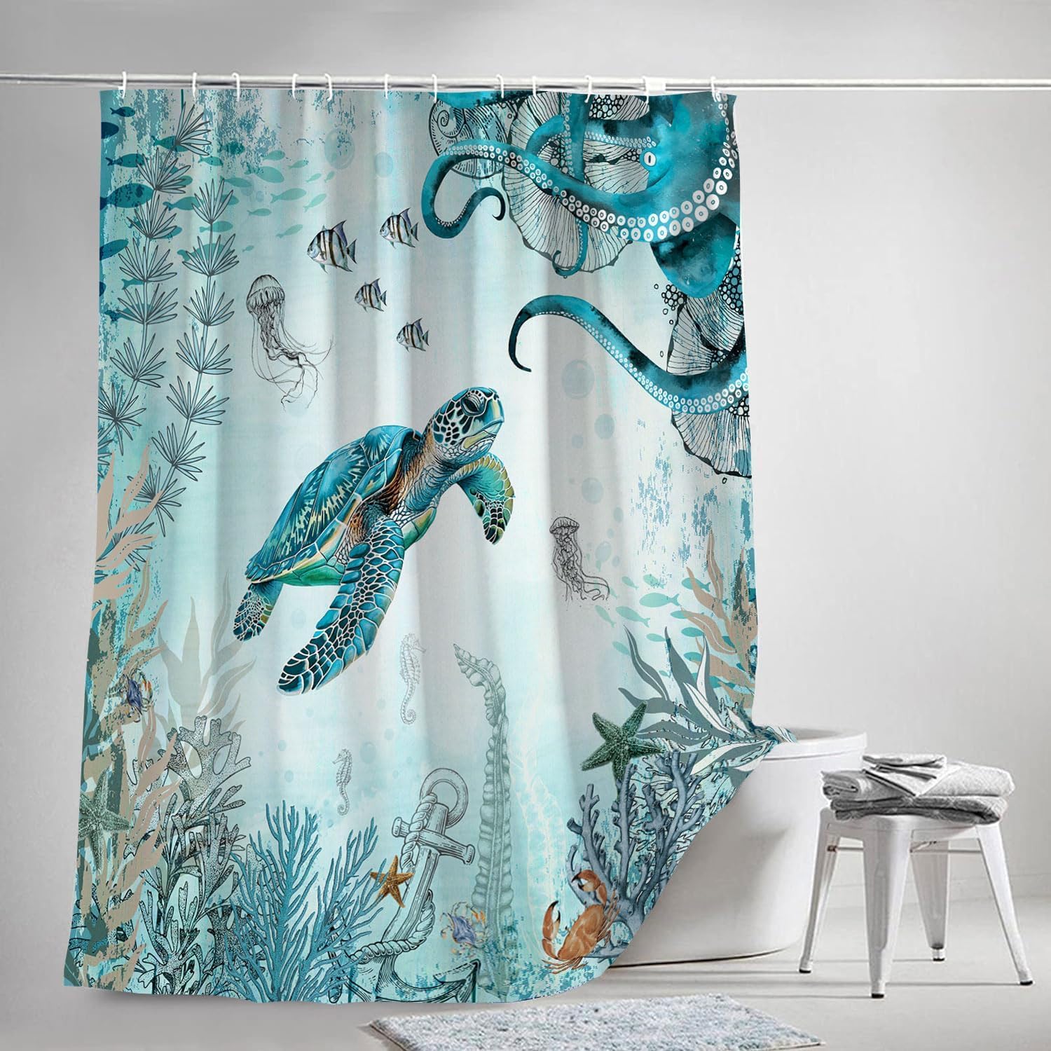 Wathon Sea Turtle Octopus Shower Curtain Blue Teal Ocean Bath Curtain Fish Underwater Animal Seashell Jellyfish Coastal Theme Bathroom Decor Set Hooks